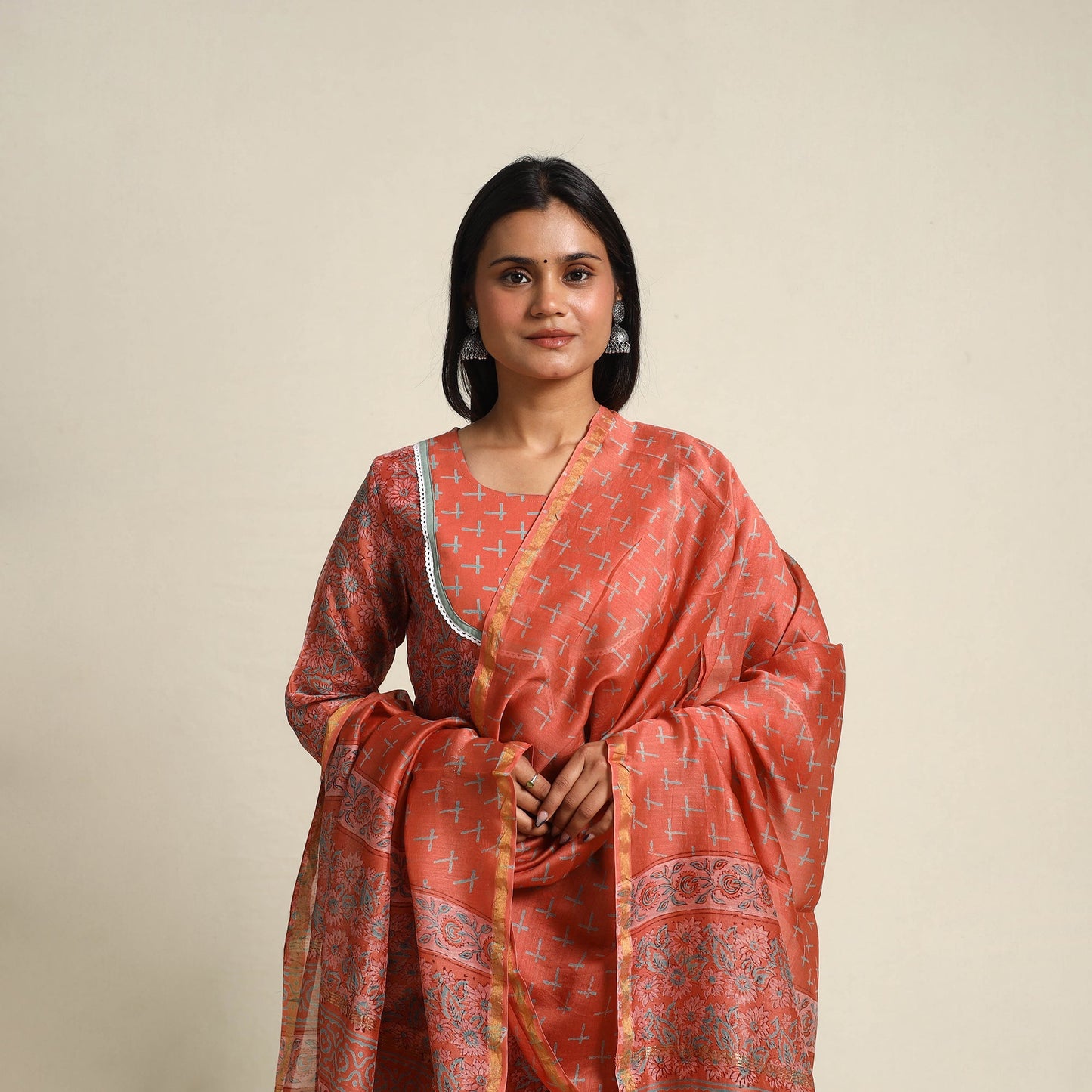 Orange Block Print Chanderi Silk Sanganeri Kurta Set
