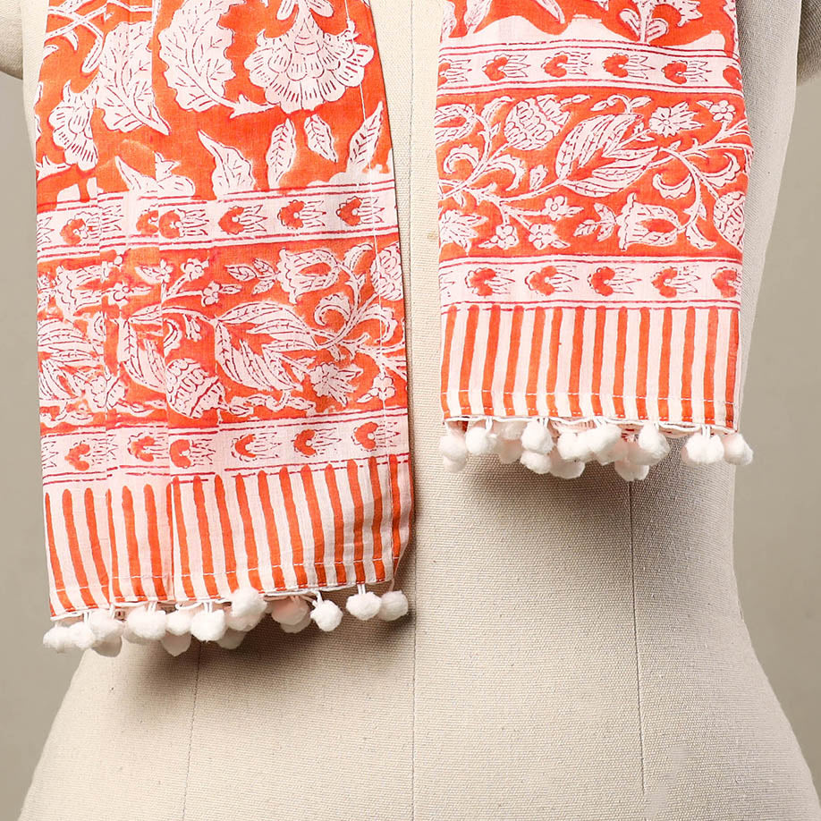 Block Print Cotton Orange Sanganeri Stole with Pom Pom
