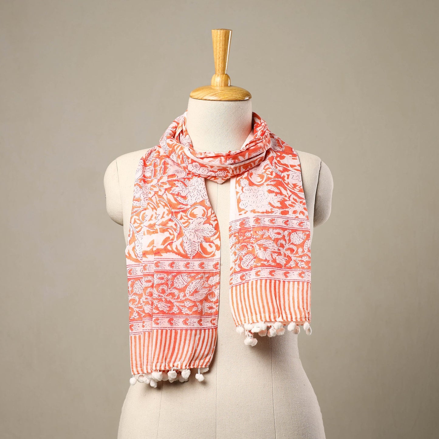 Orange Block Print Cotton Sanganeri Stole with Pom Pom