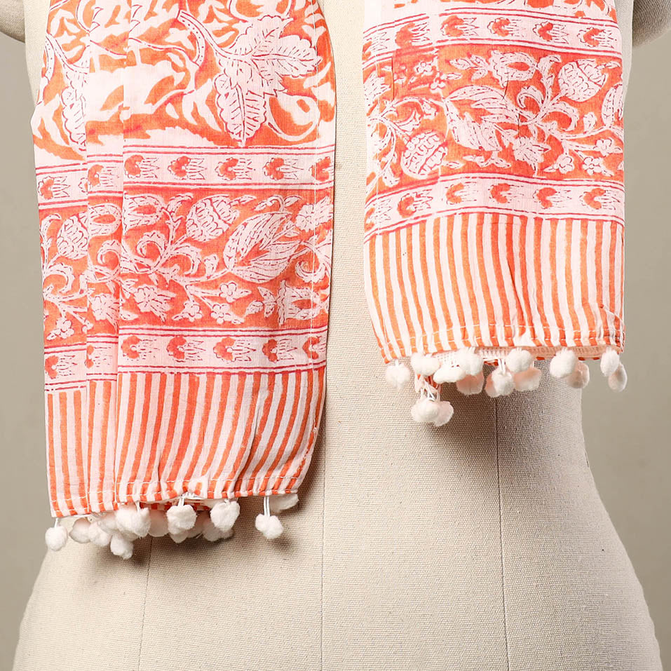 Orange Block Print Cotton Sanganeri Stole with Pom Pom