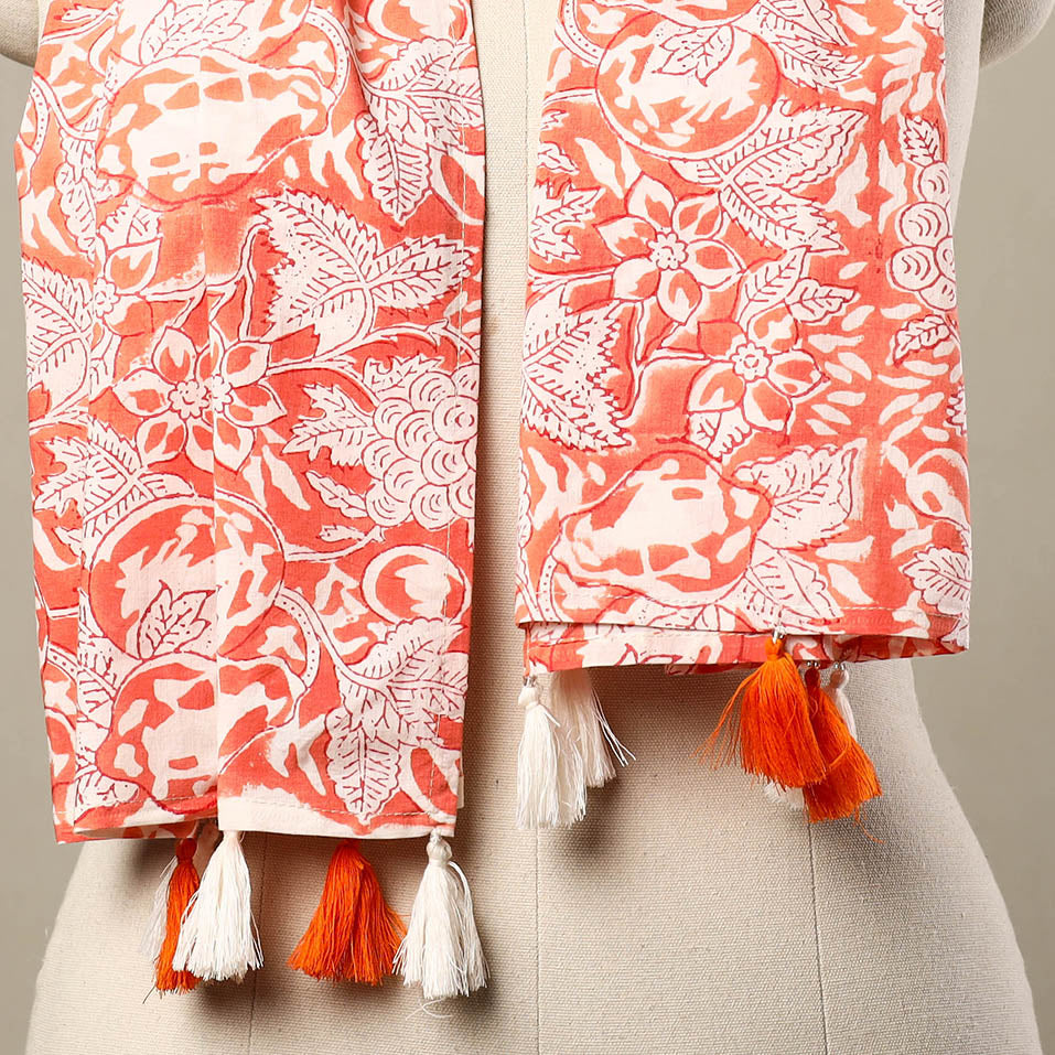Orange Block Print Cotton Sanganeri Stole with Tassels