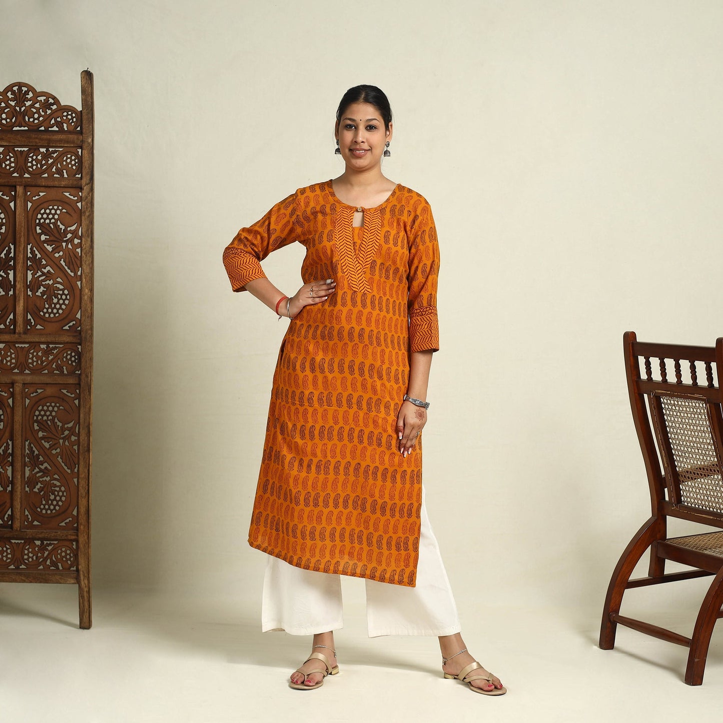 Orange Block Print Mul Cotton Straight Bagh Kurta for Women