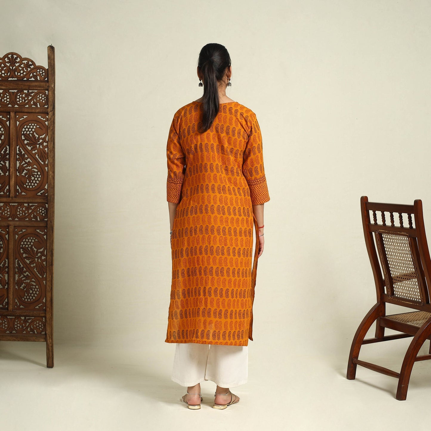 Orange Block Print Mul Cotton Straight Bagh Kurta for Women