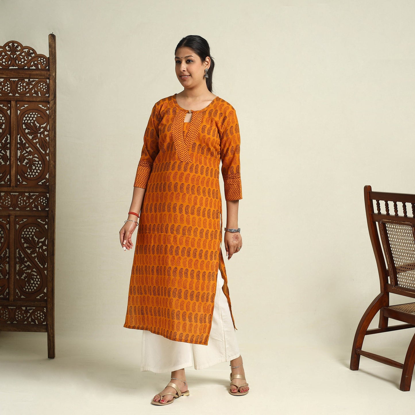Orange Block Print Mul Cotton Straight Bagh Kurta for Women