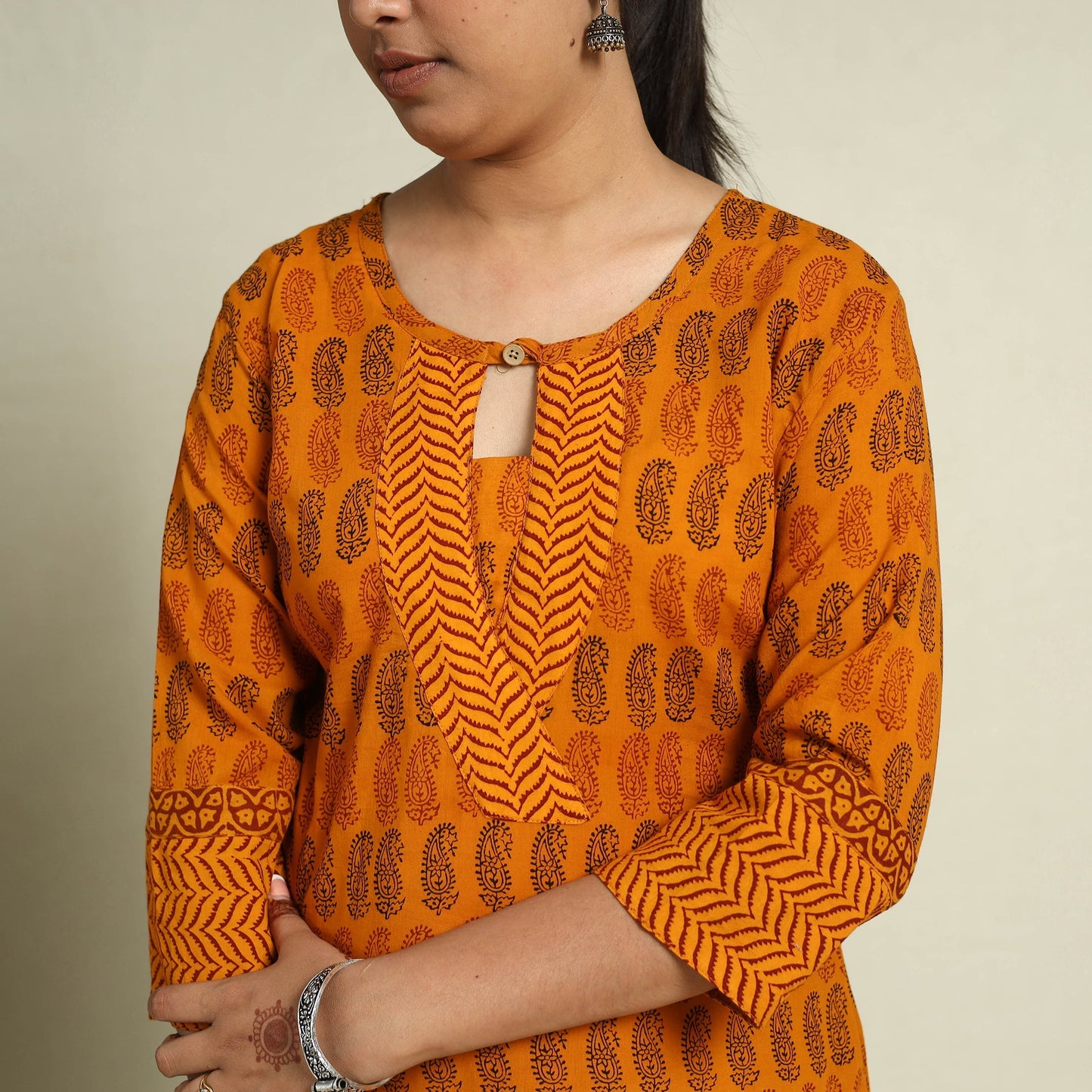 Orange Block Print Mul Cotton Straight Bagh Kurta for Women