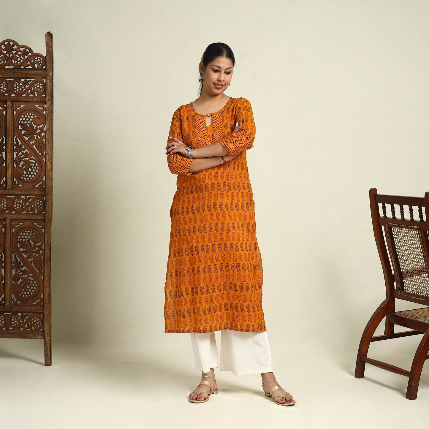 Orange Block Print Mul Cotton Straight Bagh Kurta for Women