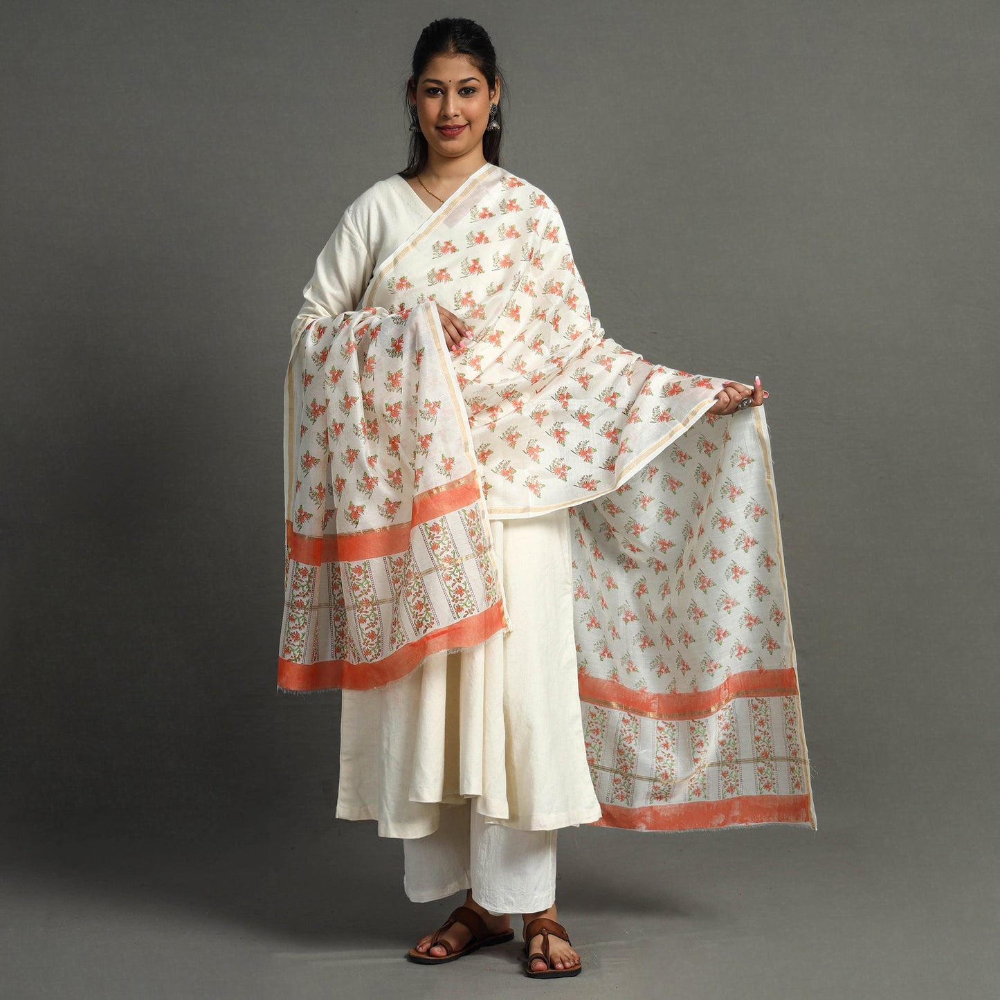 Orange Block Printed Chanderi Silk Sanganeri Dupatta