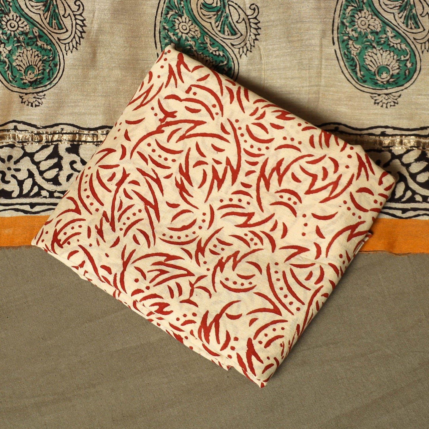 Chanderi silk hand block bagru print 3pc unstitched dress