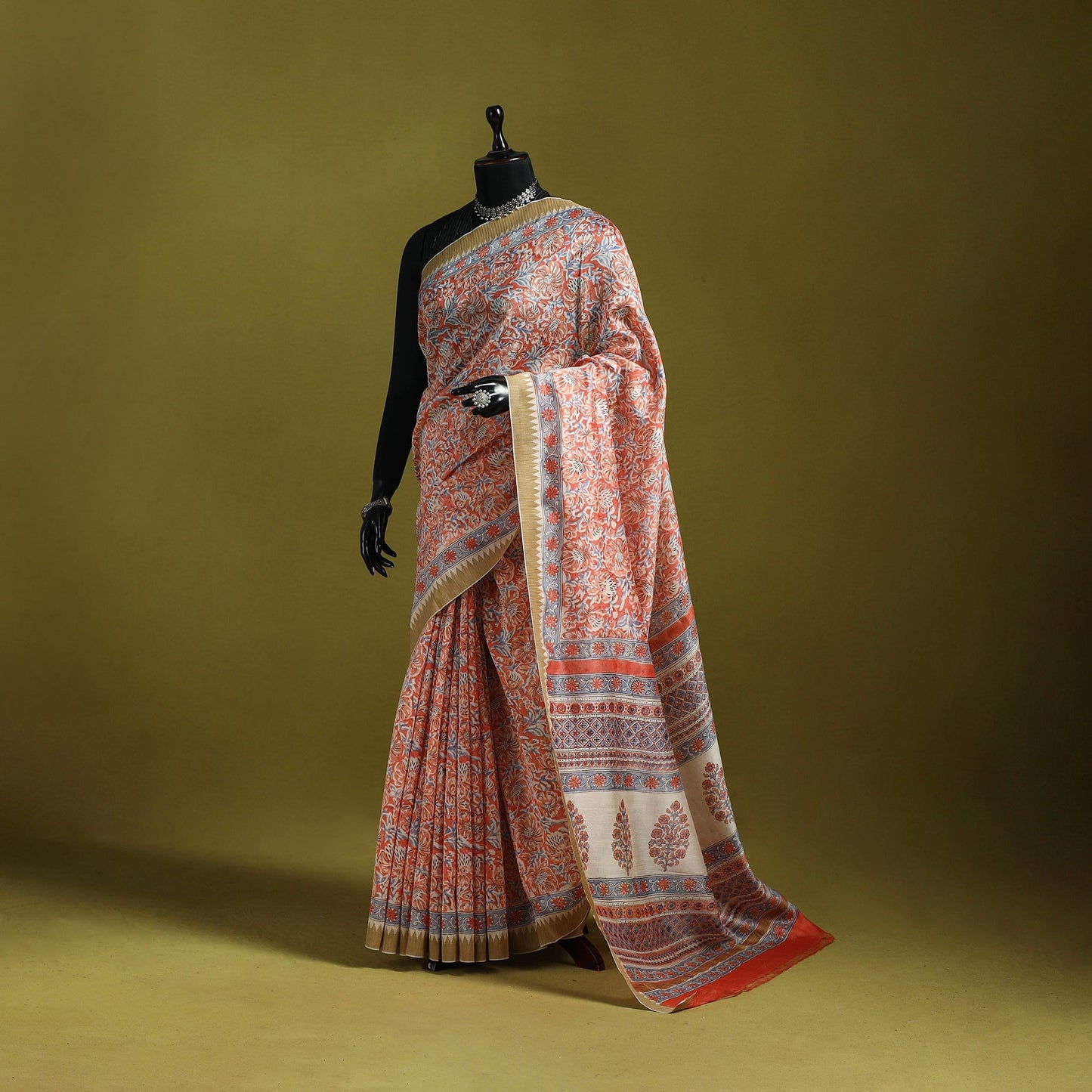 Chanderi silk hand sanganeri saree with ghicha border 15