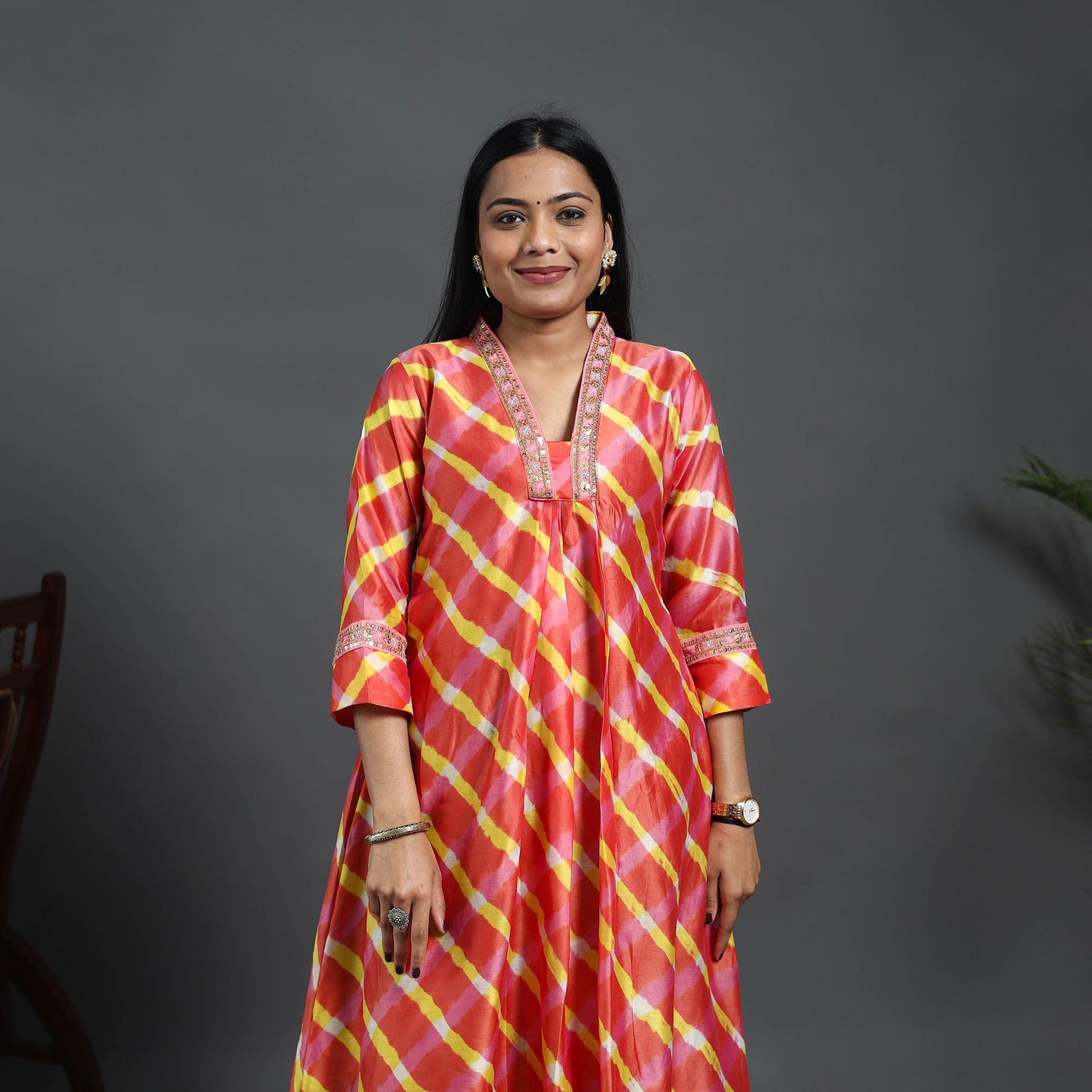 Orange - chanderi silk a-line lacework tie-dye leheriya