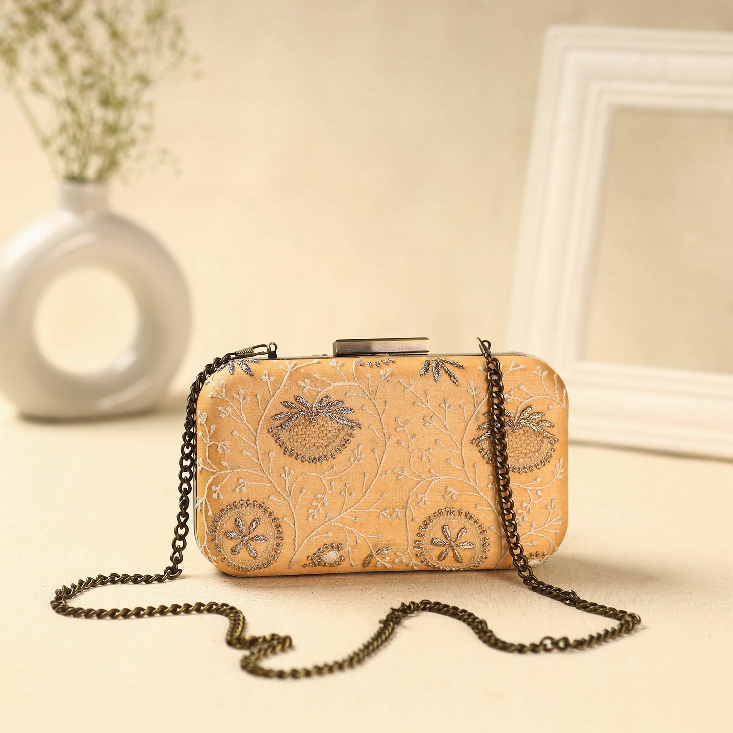 Orange Chikankari Hand Embroidered Tussar Silk Clutch/Sling Bag