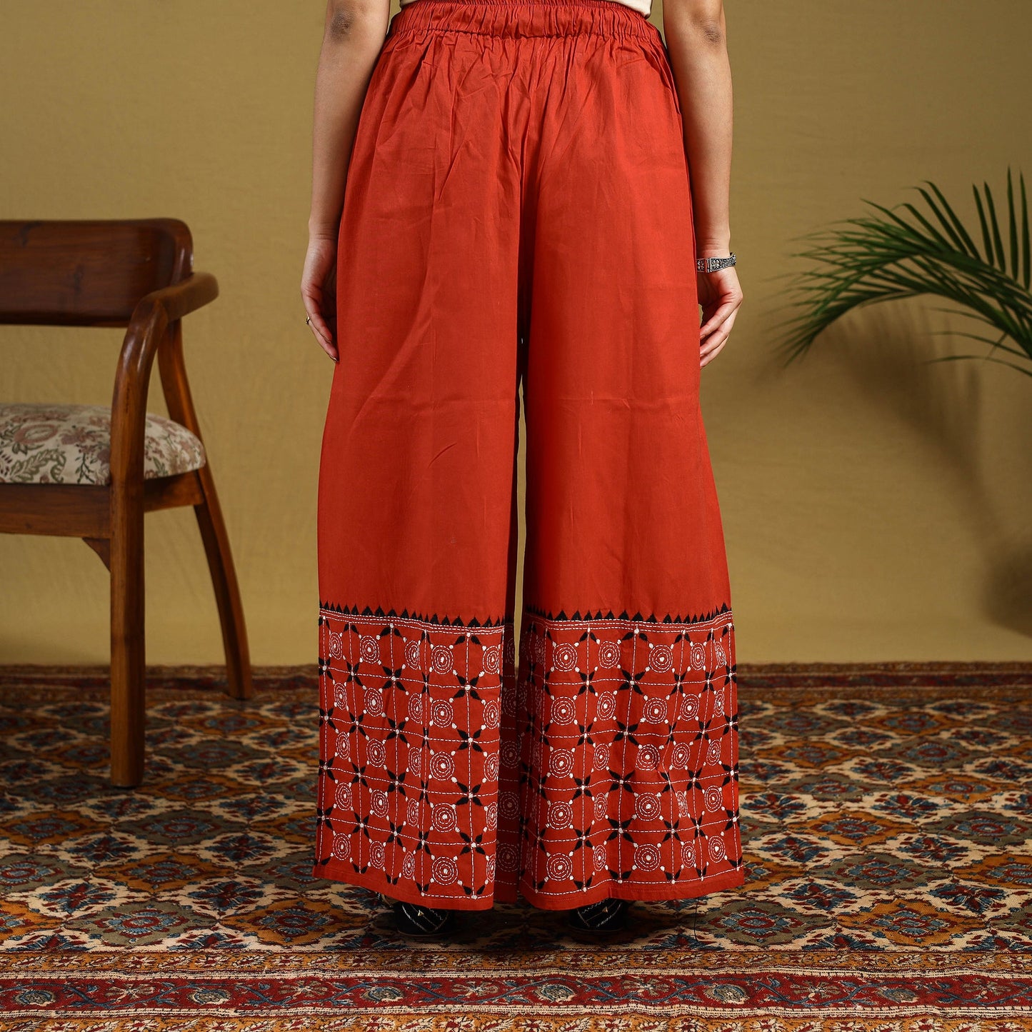 Buy Orange Cotton Bengal Kantha Hand Embroidery Palazzo