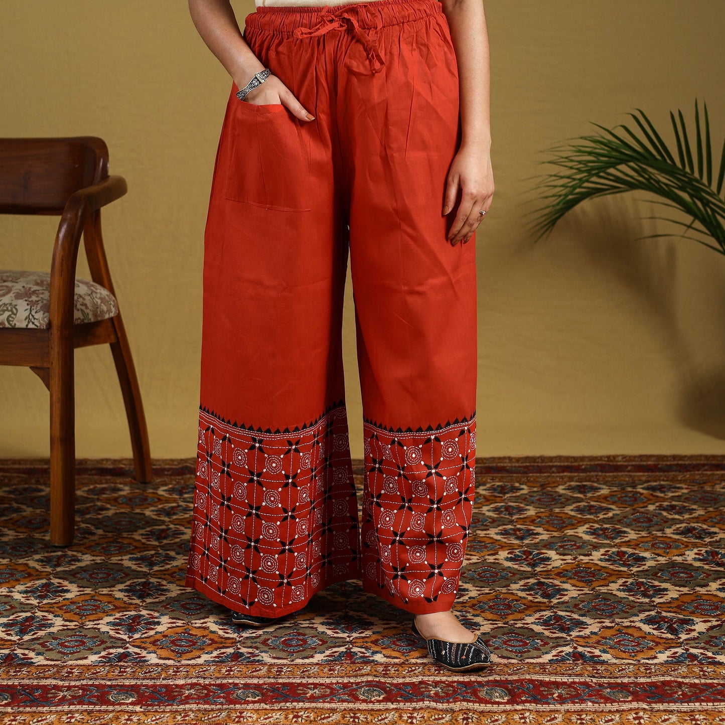 Buy Orange Cotton Bengal Kantha Hand Embroidery Palazzo