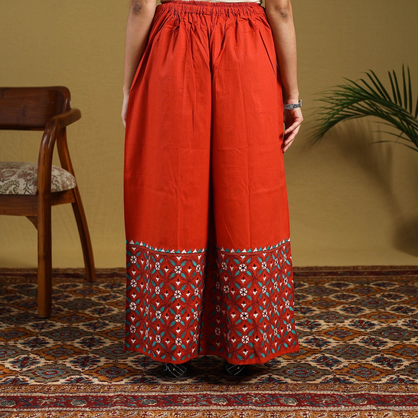 Orange Cotton Bengal Kantha Hand Embroidery Palazzo