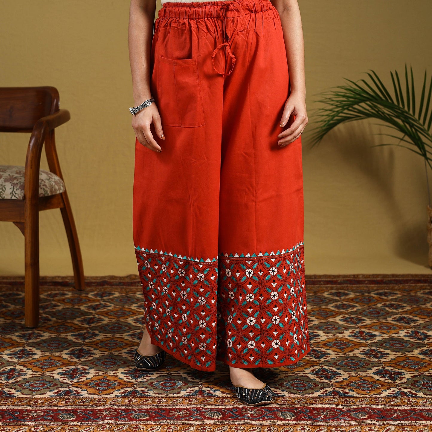 Orange Cotton Bengal Kantha Hand Embroidery Palazzo