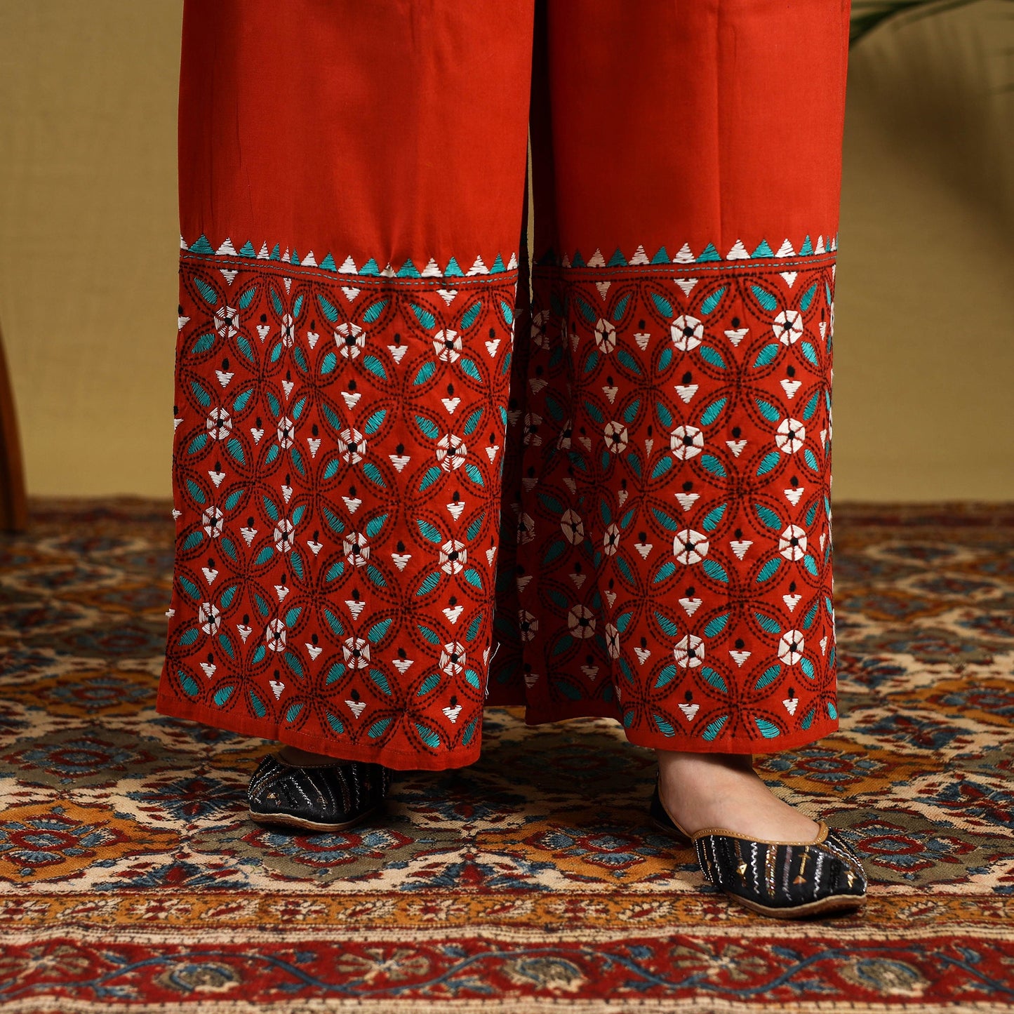 Orange Cotton Bengal Kantha Hand Embroidery Palazzo
