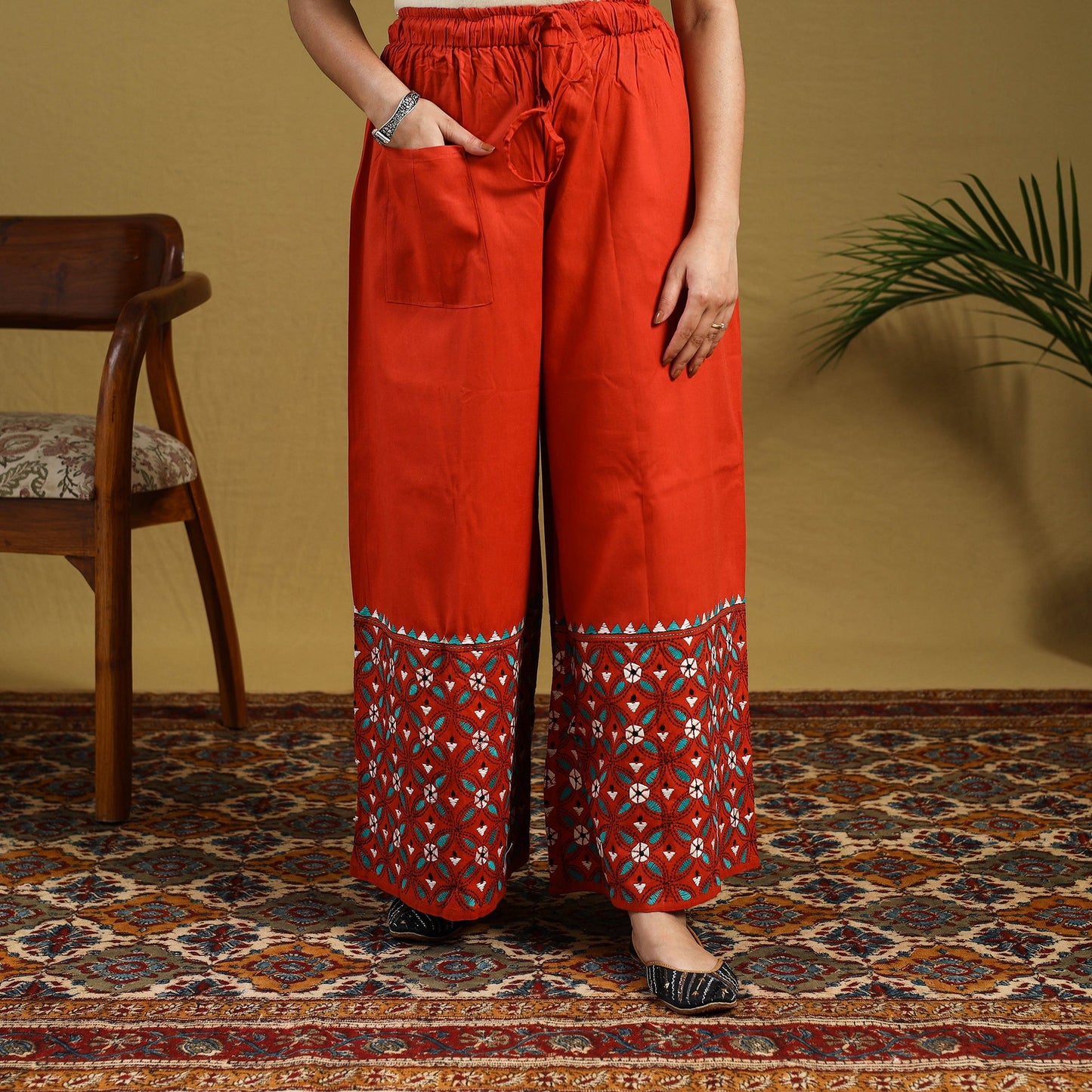 Orange Cotton Bengal Kantha Hand Embroidery Palazzo