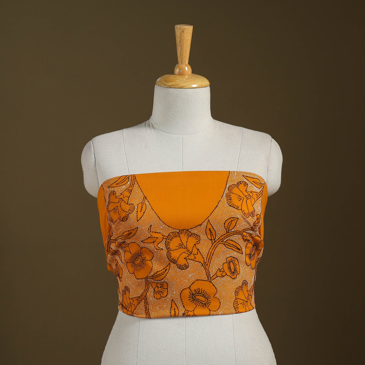 Orange Cotton Bengal Kantha Stitch Blouse Piece