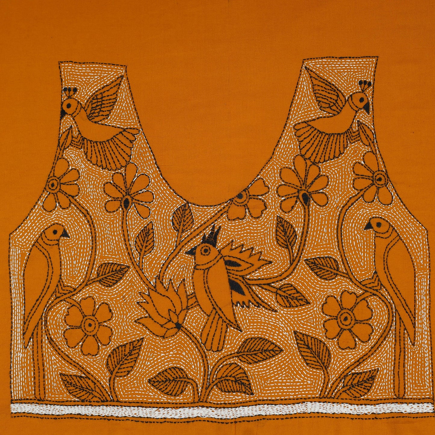 Orange Cotton Bengal Kantha Stitch Blouse Piece