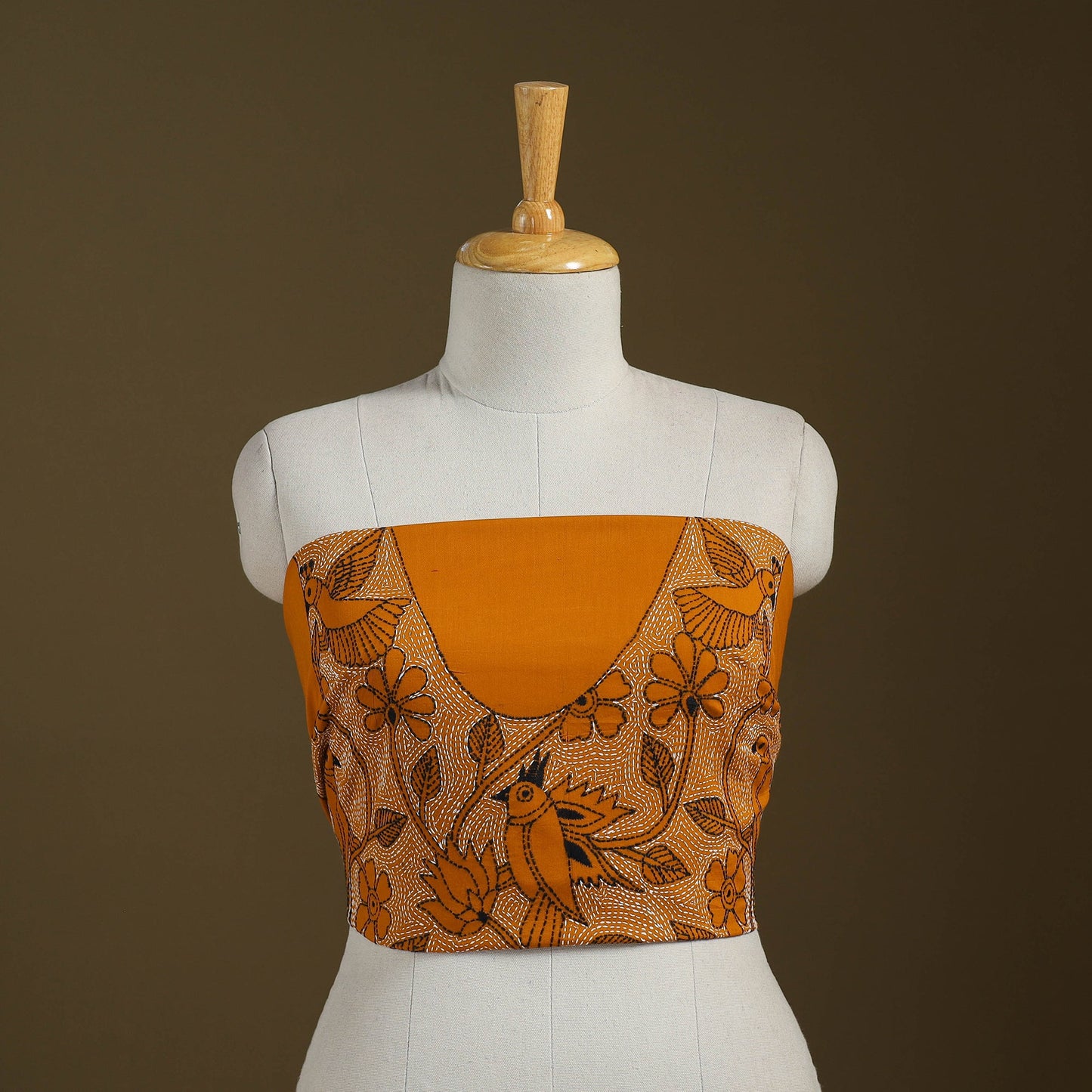 Orange Cotton Bengal Kantha Stitch Blouse Piece