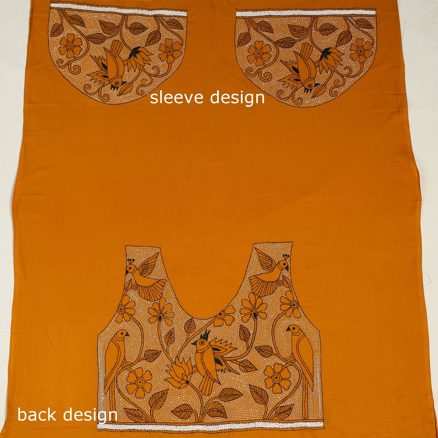 Orange Cotton Bengal Kantha Stitch Blouse Piece