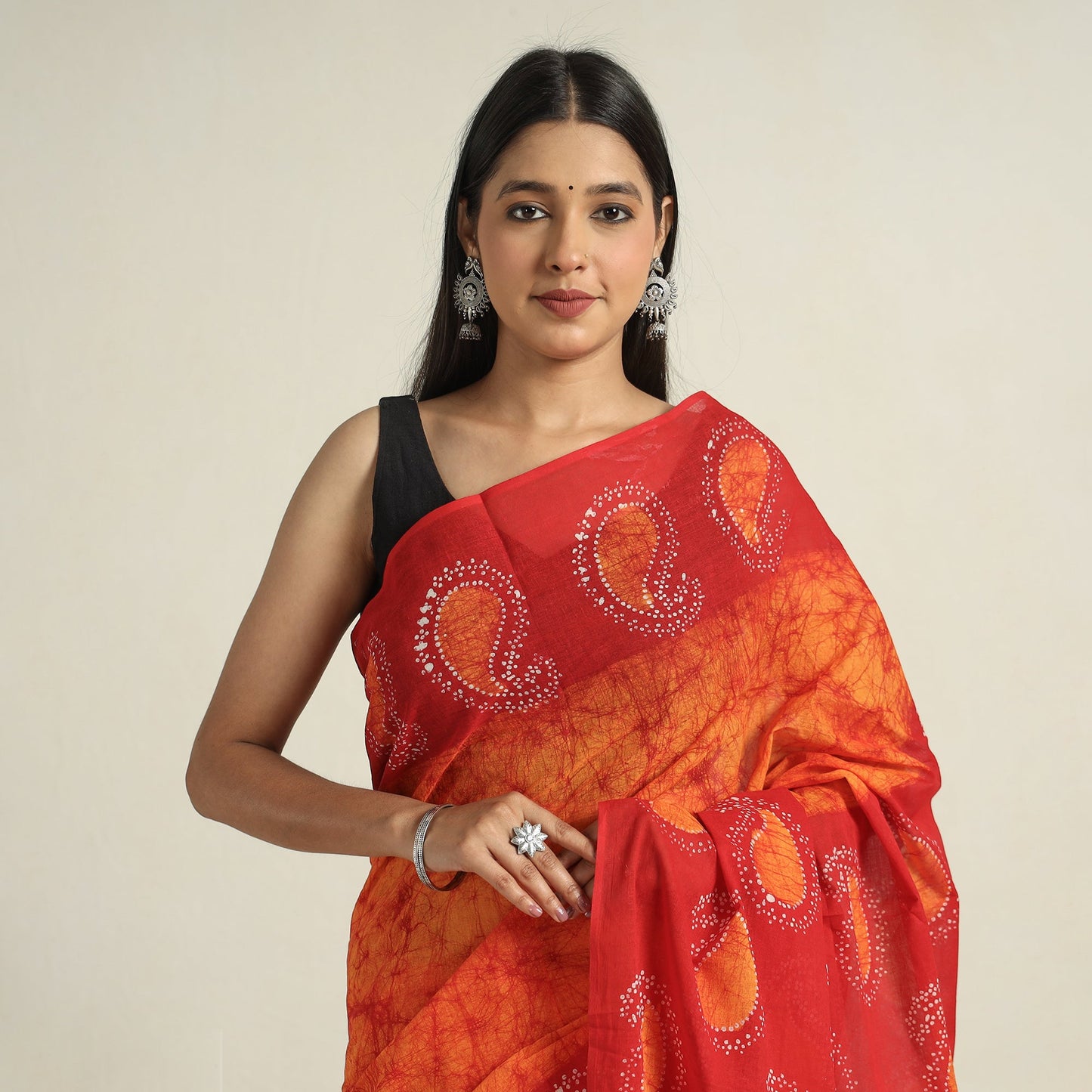 Orange Cotton Hand Batik Print Saree