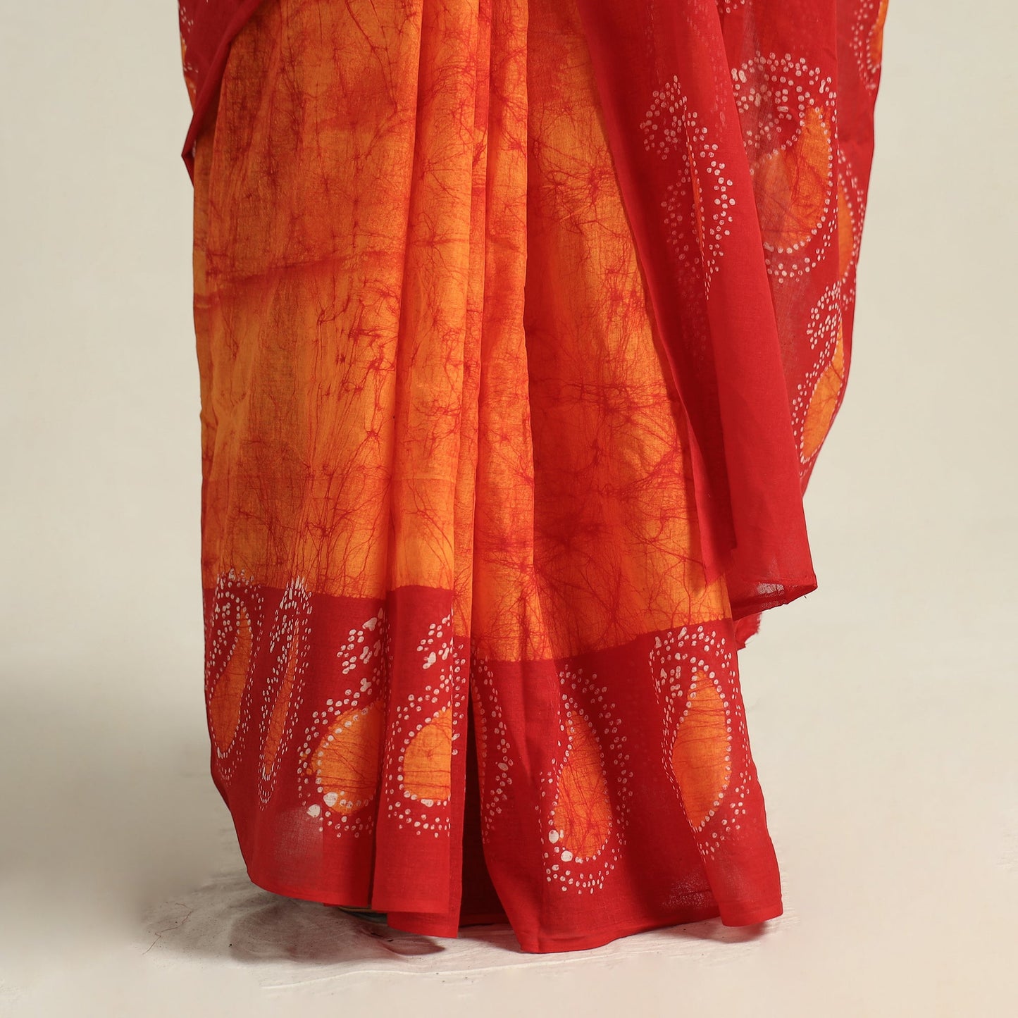Orange Cotton Hand Batik Print Saree