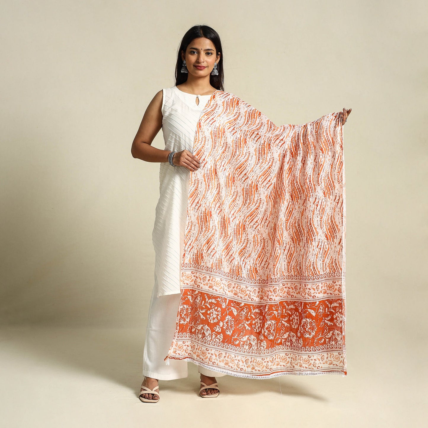 Orange Cotton Jaipur Printed Dupatta