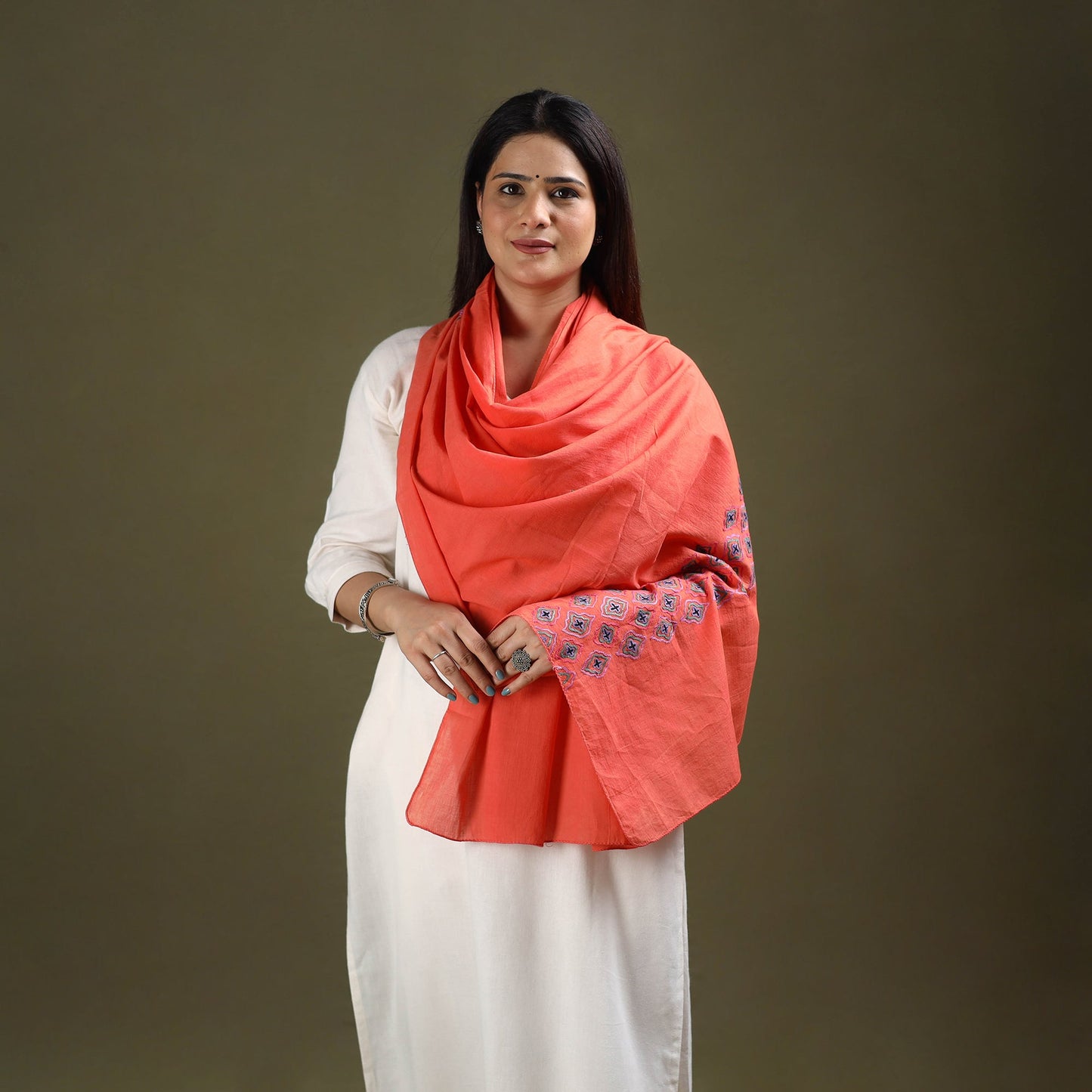 Orange - cotton kashida embroidery stole 03 - handcrafted