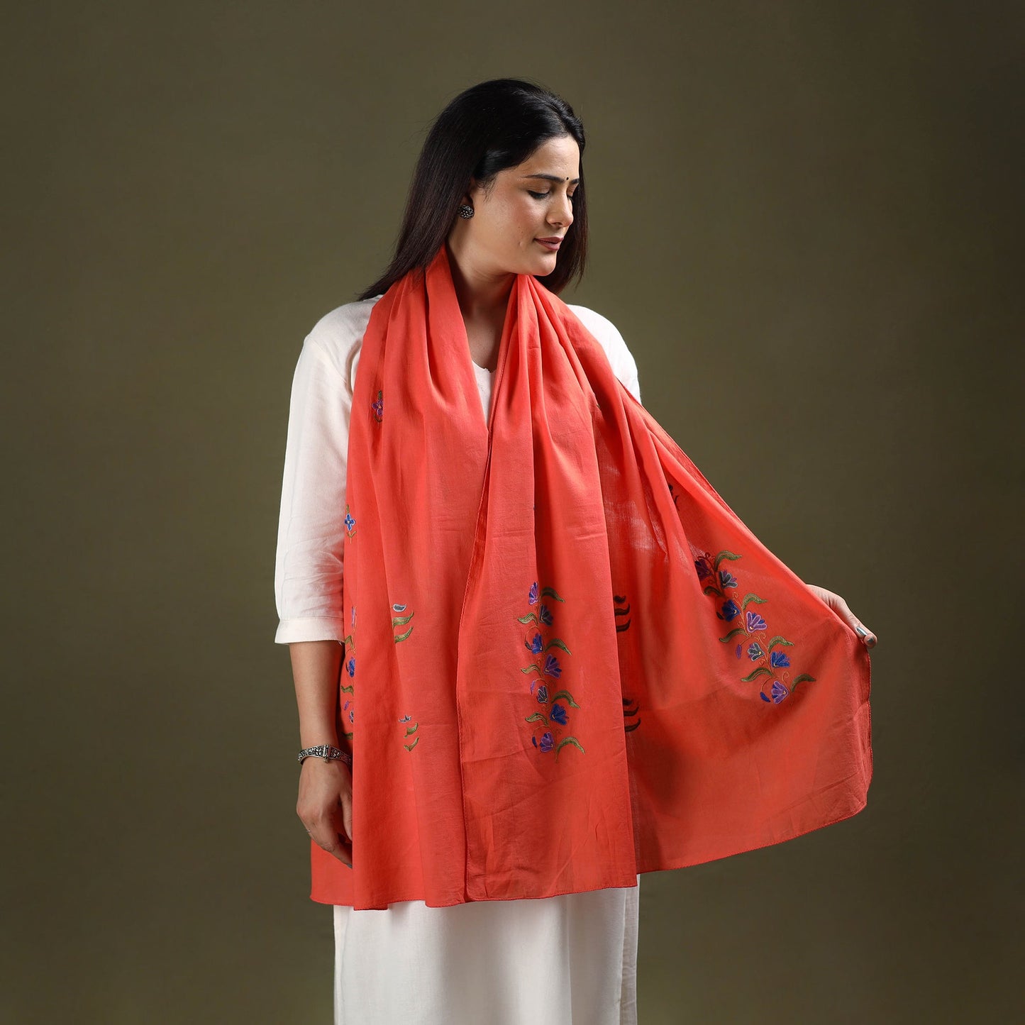 Buy Orange Cotton Kashida Embroidery Stole