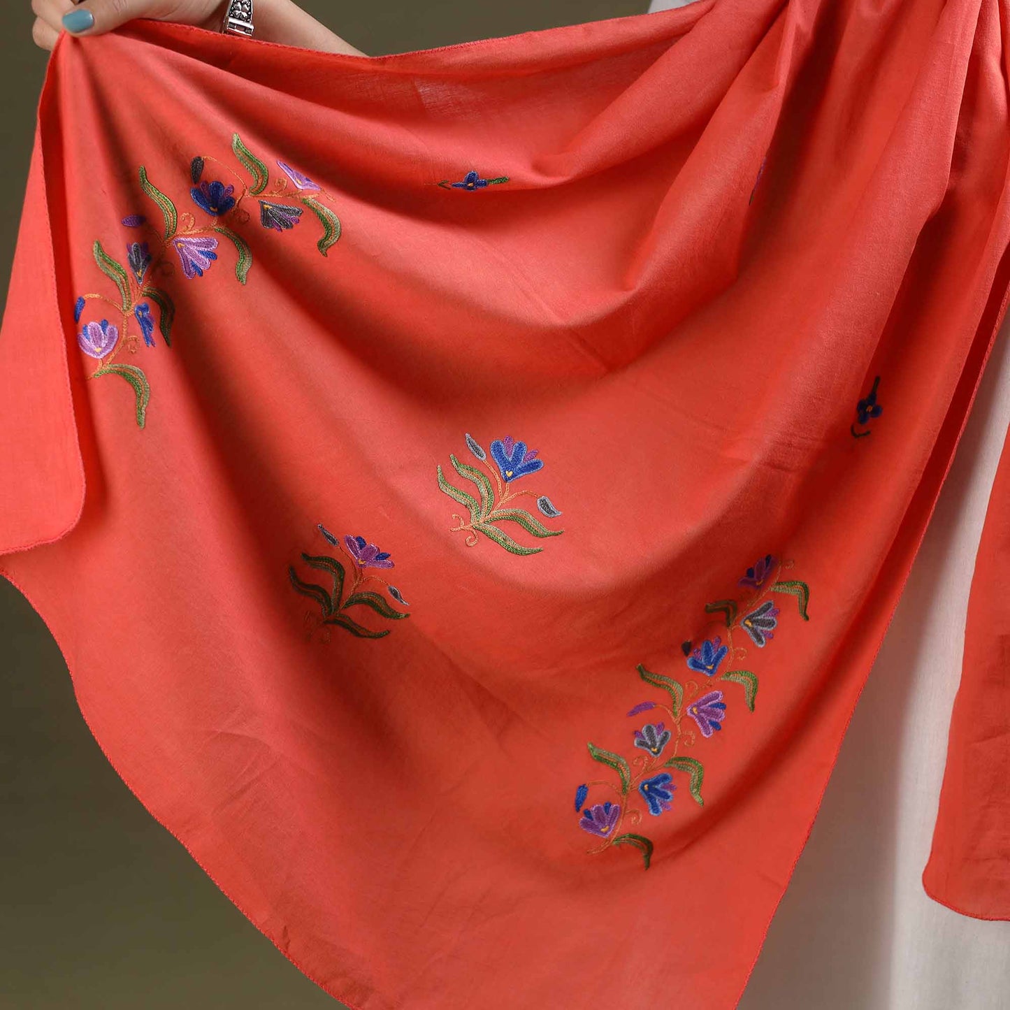 Buy Orange Cotton Kashida Embroidery Stole