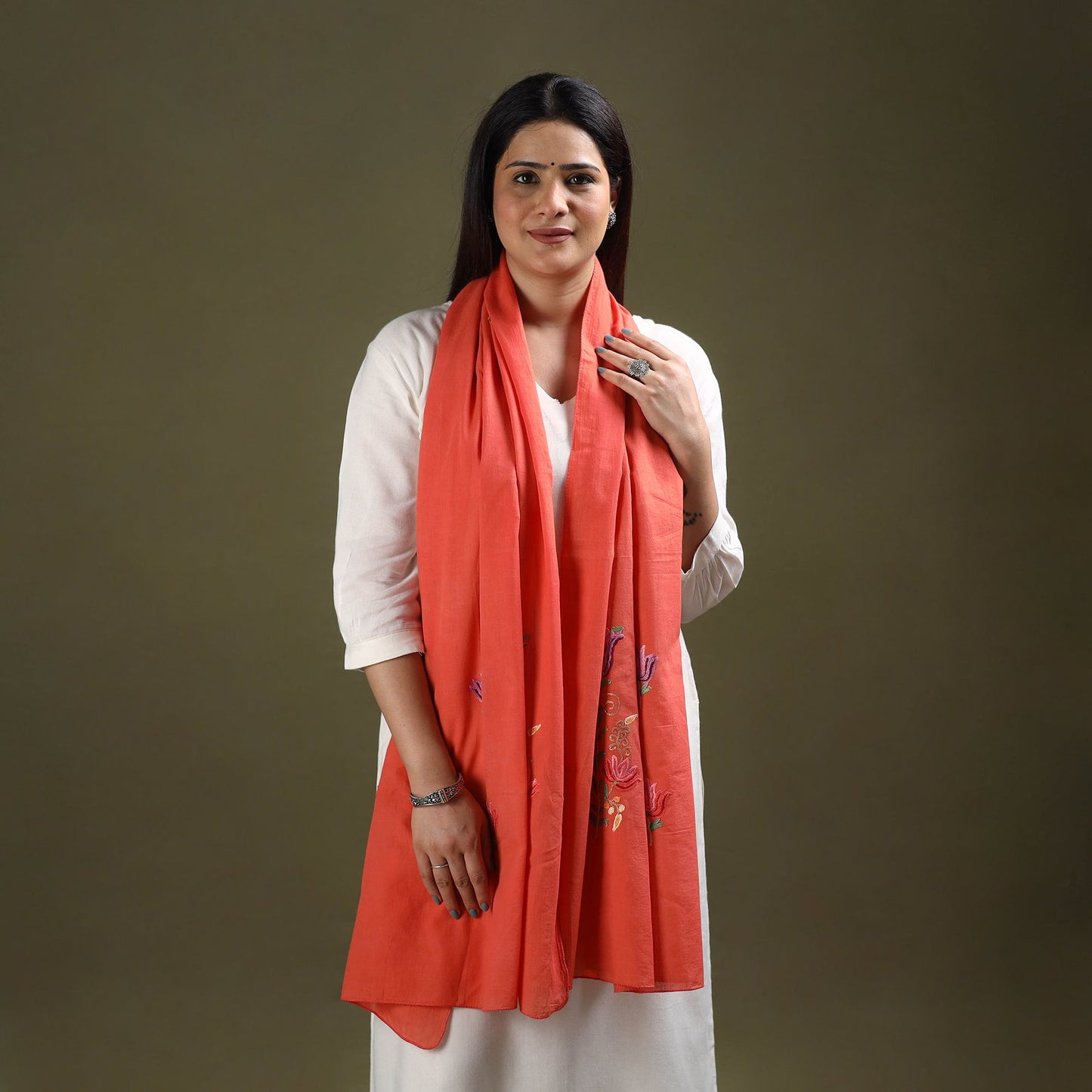 Orange - cotton kashida embroidery stole 09 - handcrafted