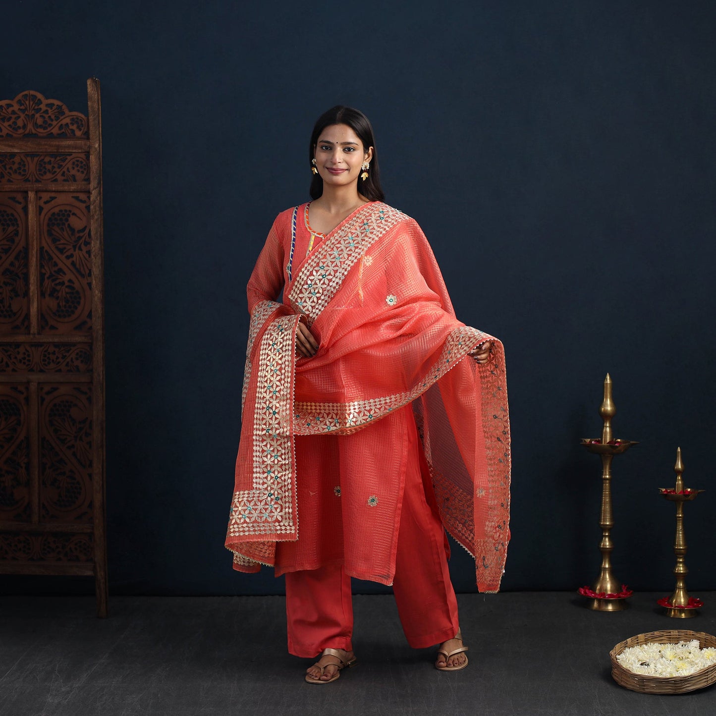 Orange - Elegant Gota Work Silk Kota Doria Kurta Set 02