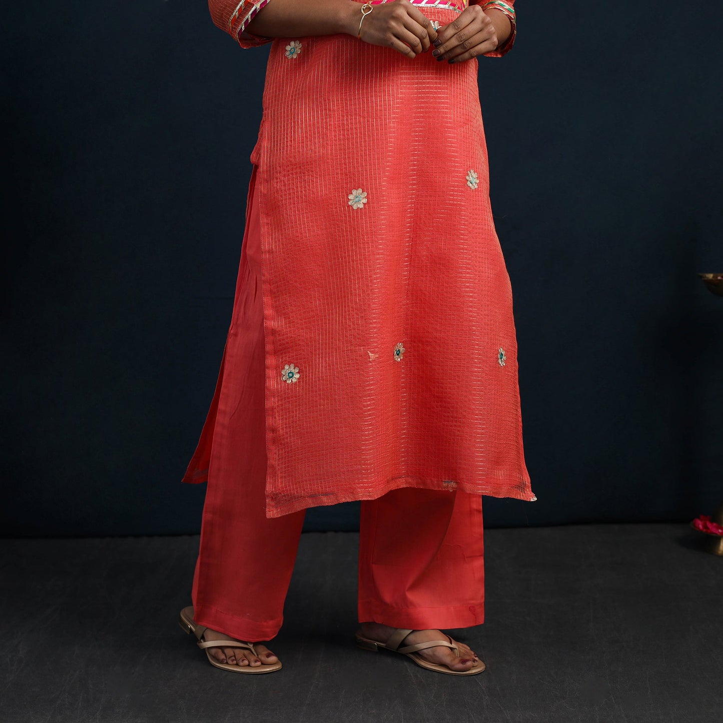 Orange - Elegant Gota Work Silk Kota Doria Kurta Set 02