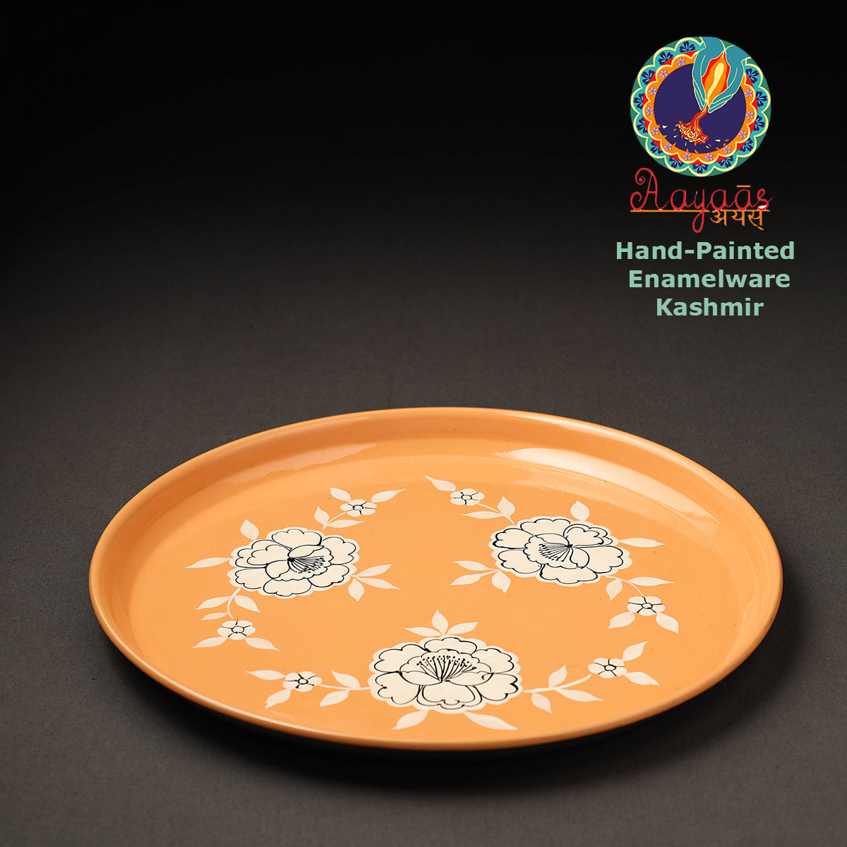 Orange Floral Handpainted Enamelware Stainless Steel Plate