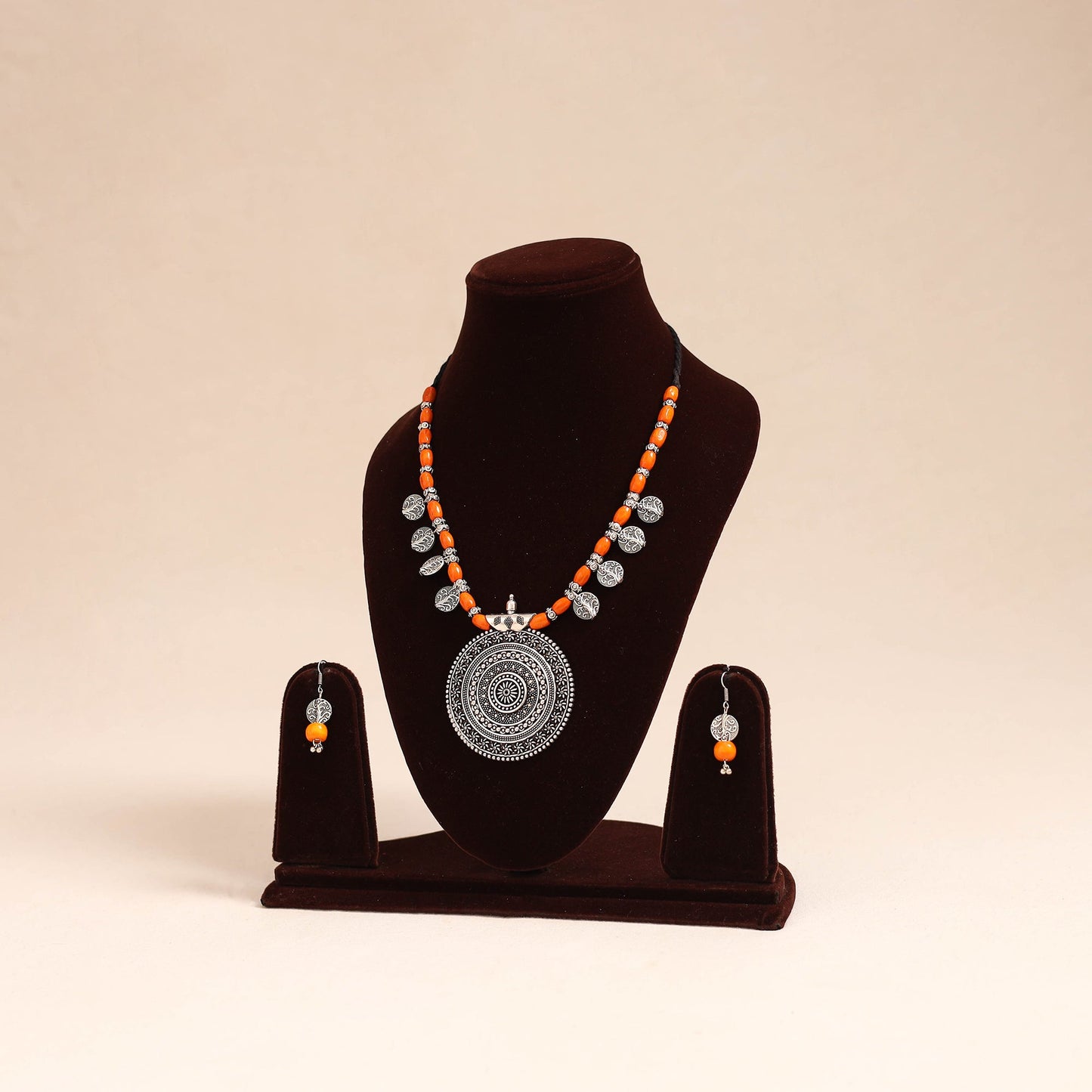 Orange - german silver wooden beads necklace set 56