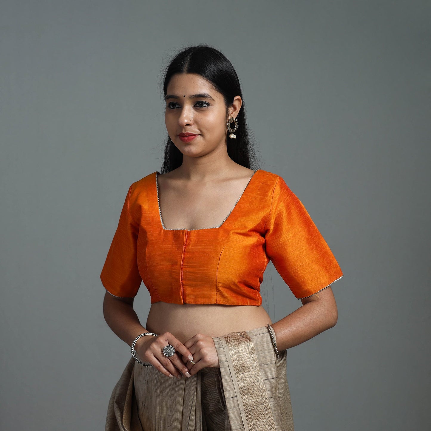 Orange Gota Patti Slub Silk Plain Blouse