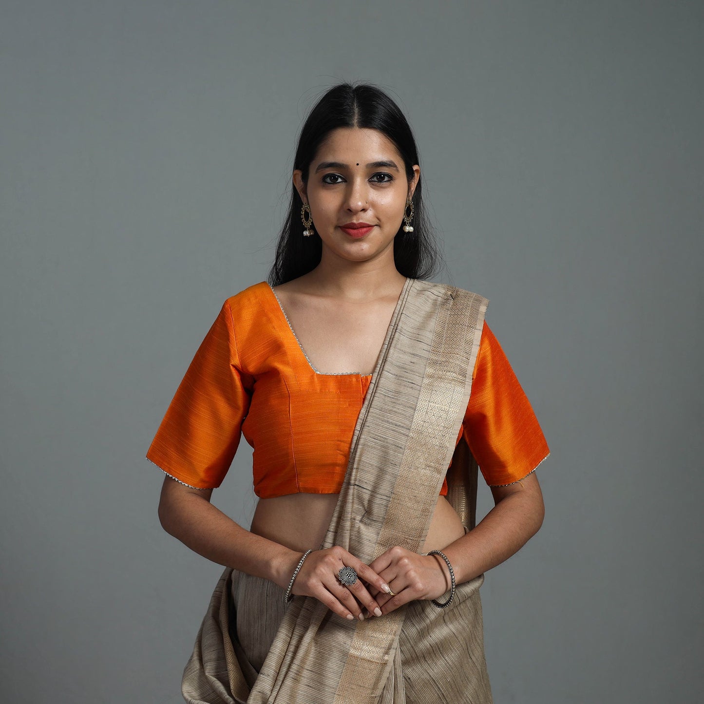 Orange Gota Patti Slub Silk Plain Blouse