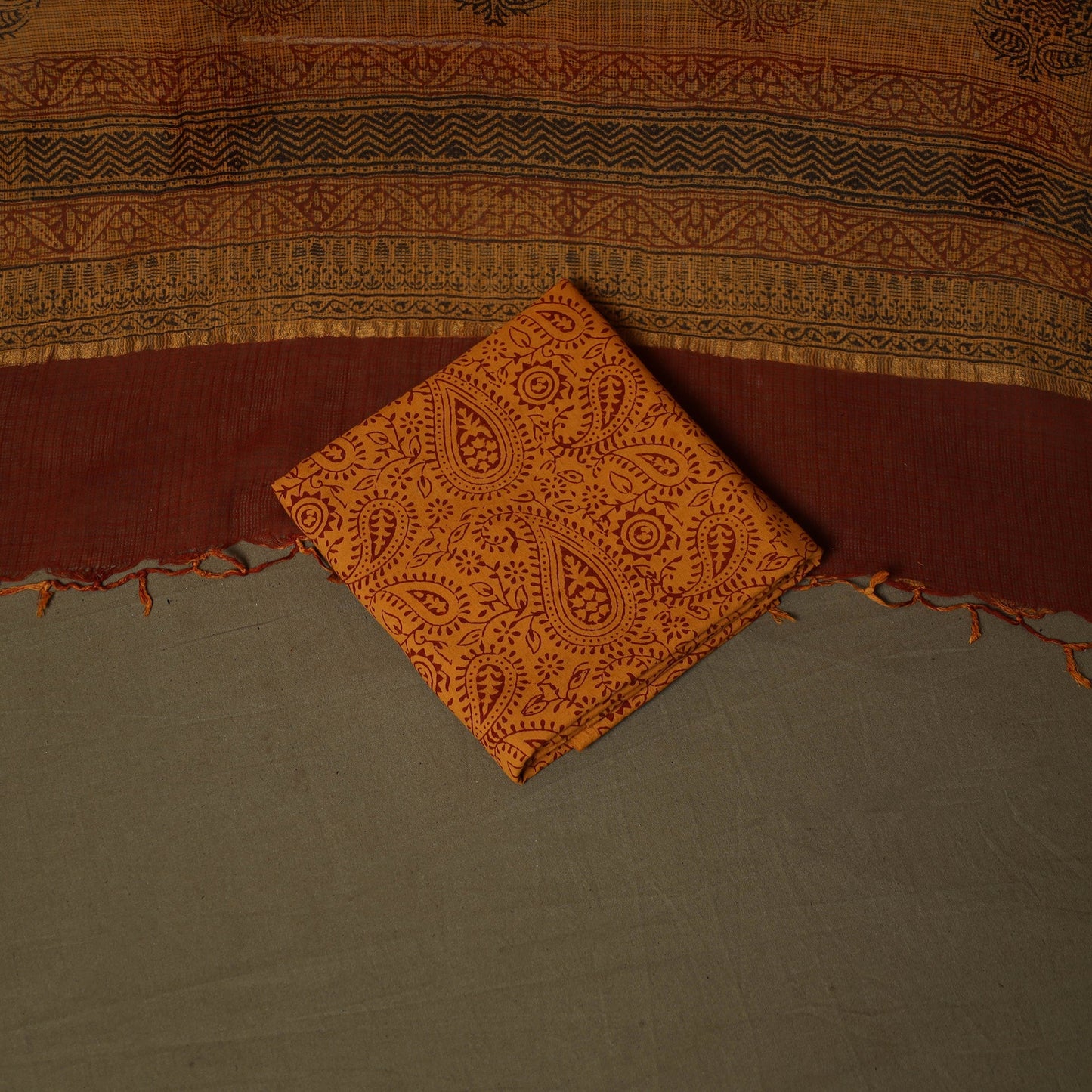 Hand block bagh print natural dyed kota doria cotton 3pc