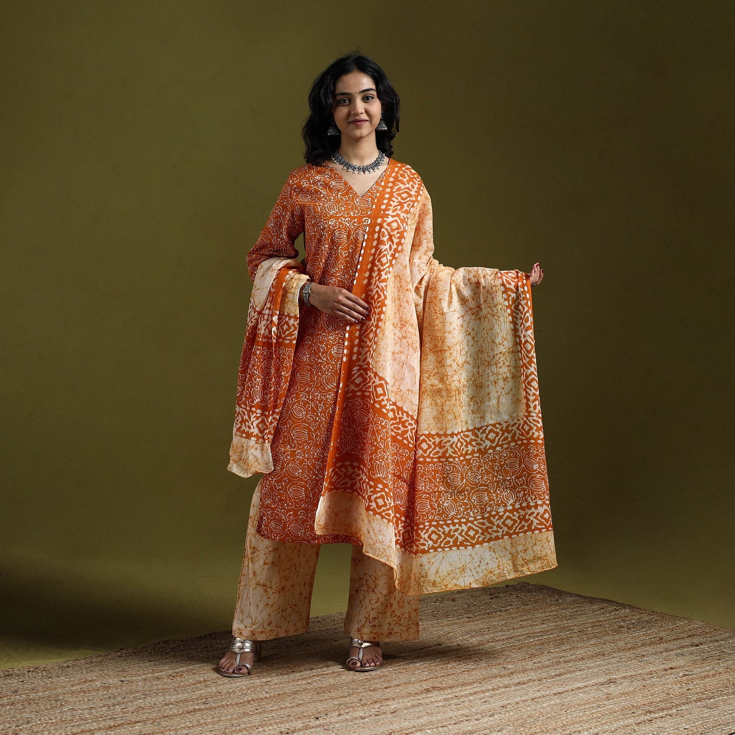 Hand block batik print cotton suit set with dupatta