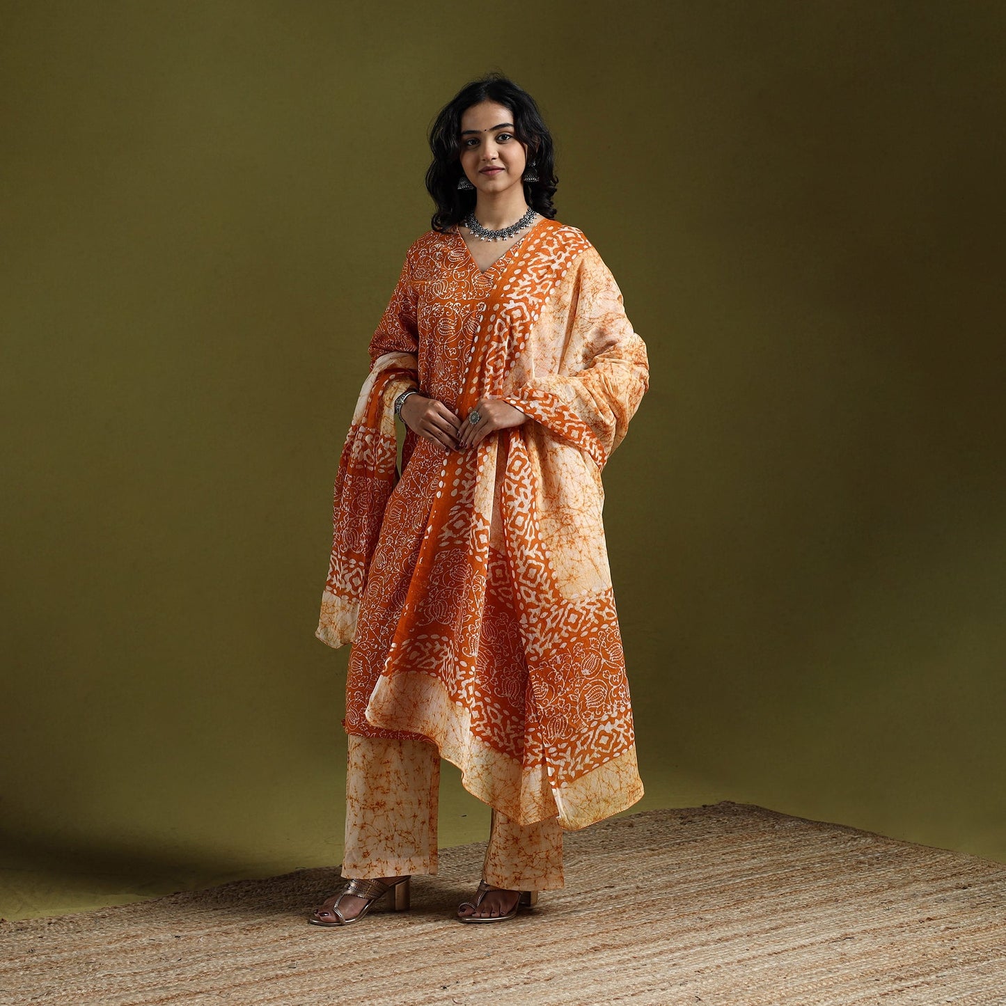 Hand block batik print cotton suit set with dupatta