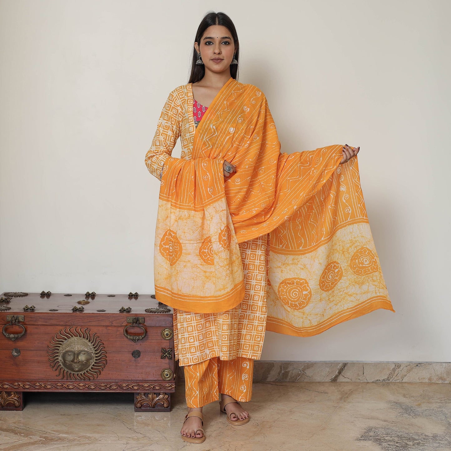 Hand Batik Printed Cotton Kurta with Palazzo & Dupatta Set 07