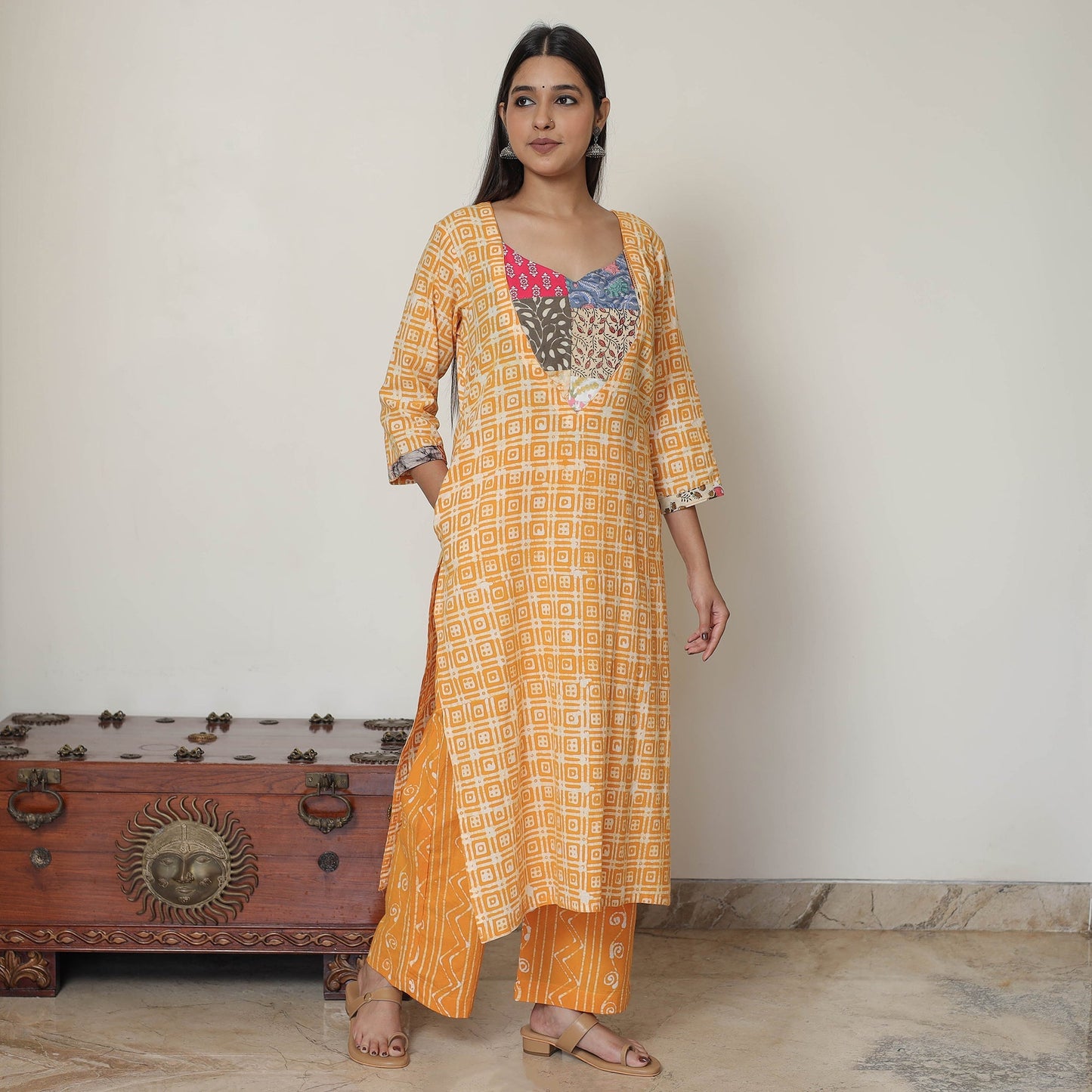 Hand Batik Printed Cotton Kurta with Palazzo & Dupatta Set 07