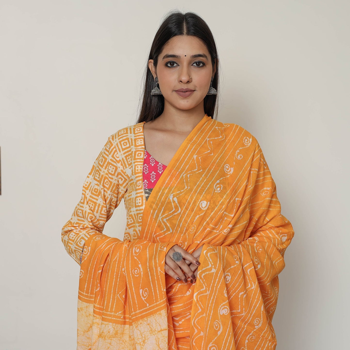 Hand Batik Printed Cotton Kurta with Palazzo & Dupatta Set 07