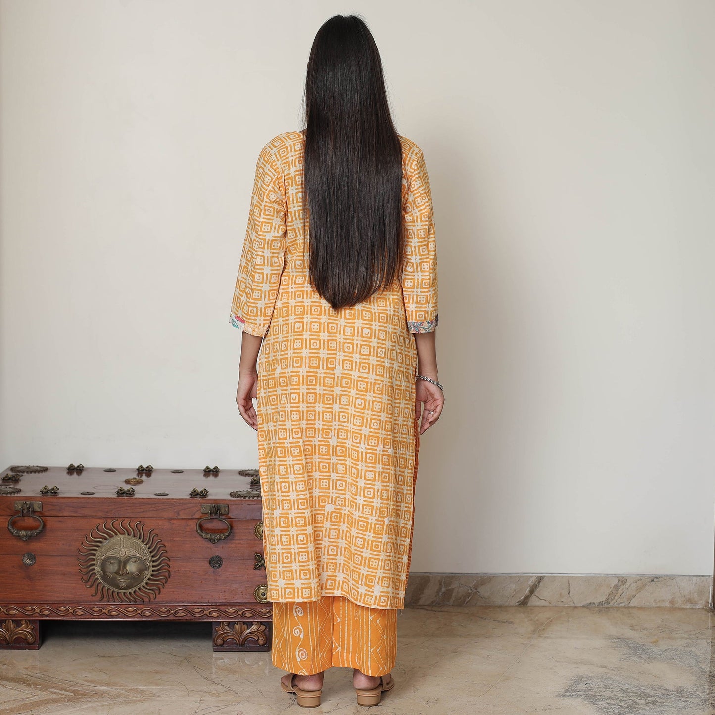 Hand Batik Printed Cotton Kurta with Palazzo & Dupatta Set 07