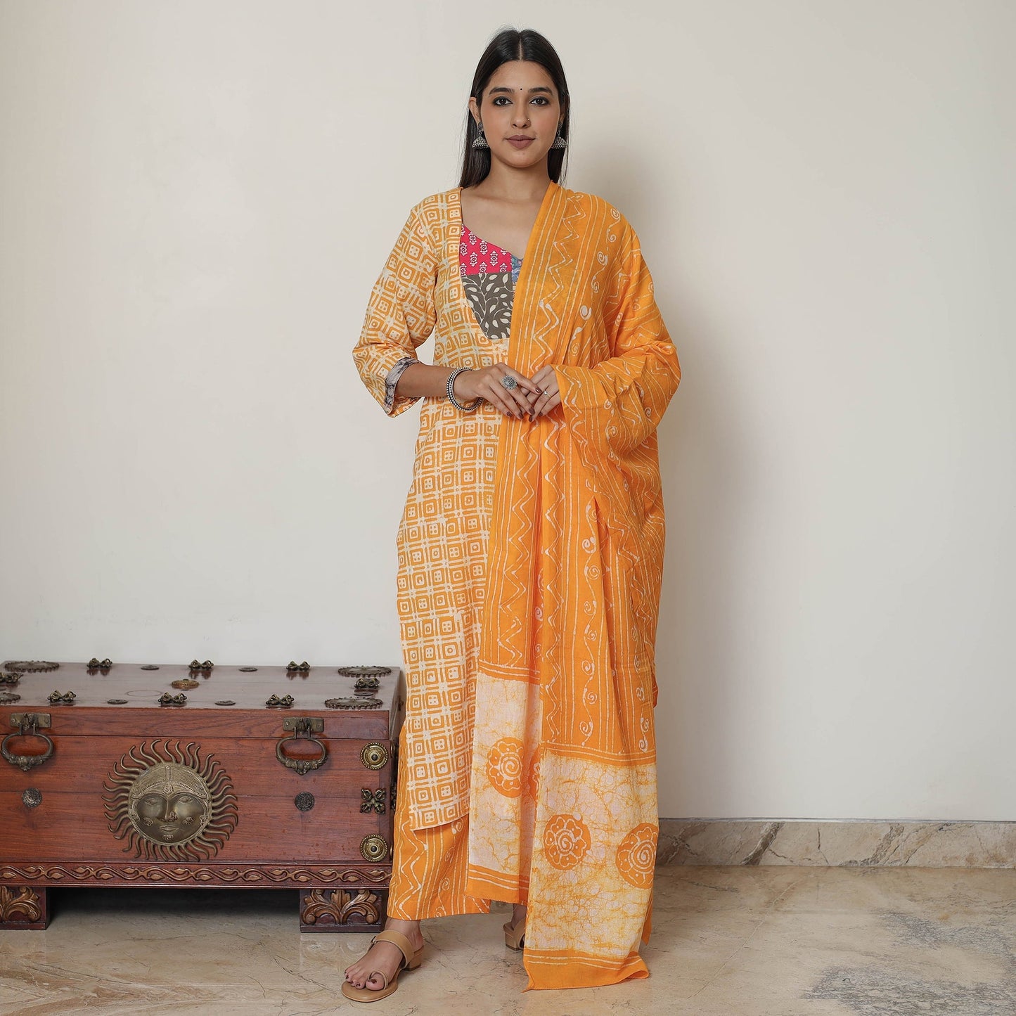 Hand Batik Printed Cotton Kurta with Palazzo & Dupatta Set 07