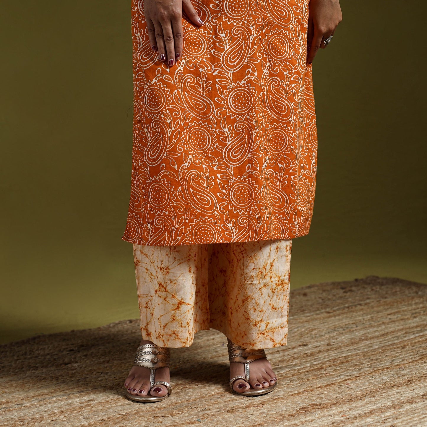 Hand block batik print cotton suit set with dupatta