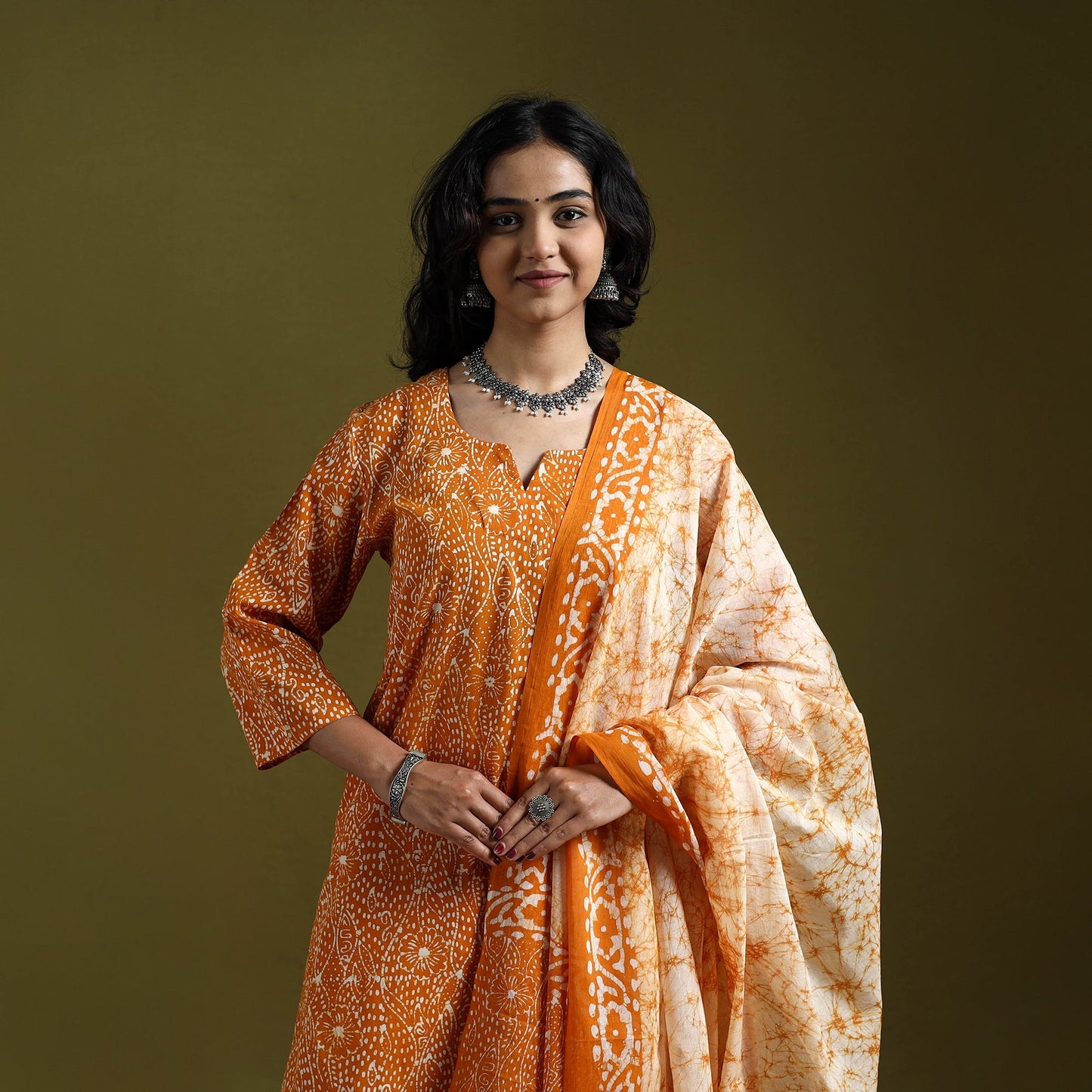 Hand block batik print cotton suit set with dupatta