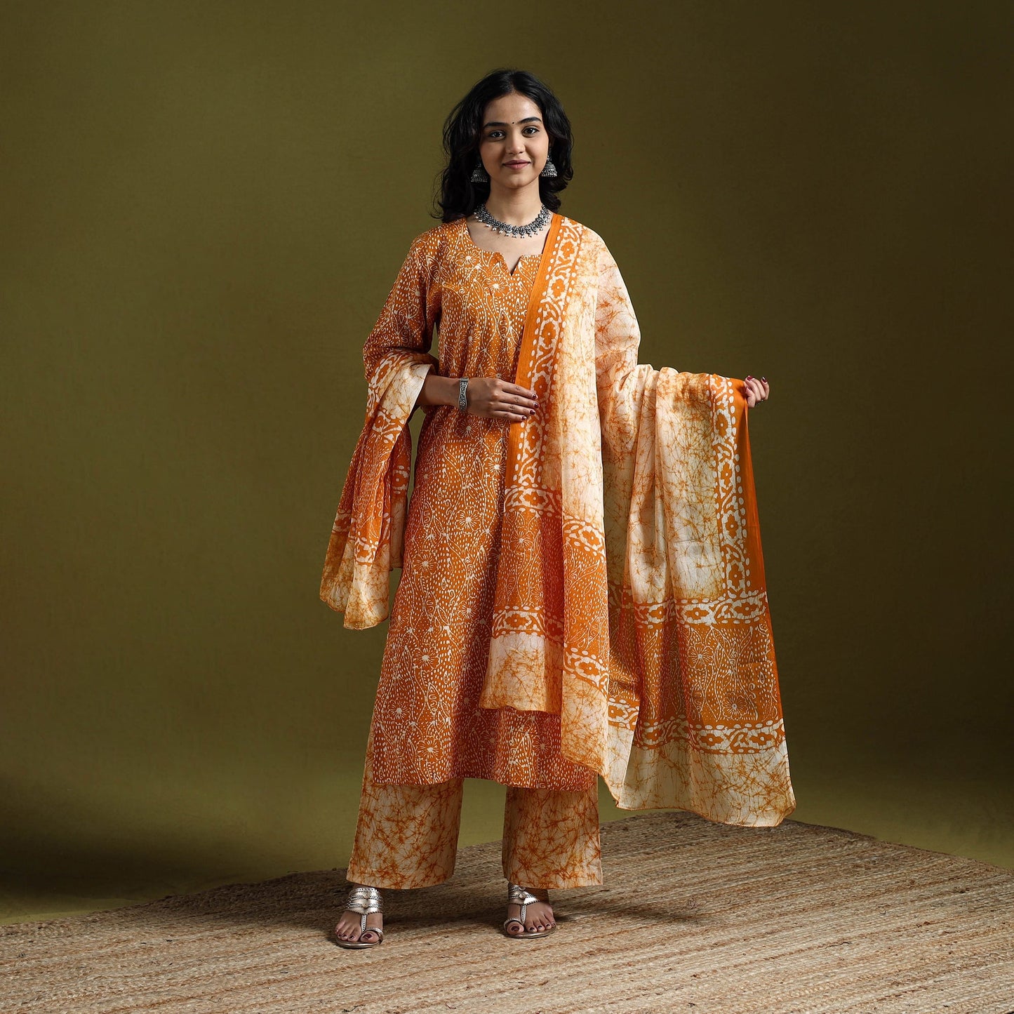Hand block batik print cotton suit set with dupatta
