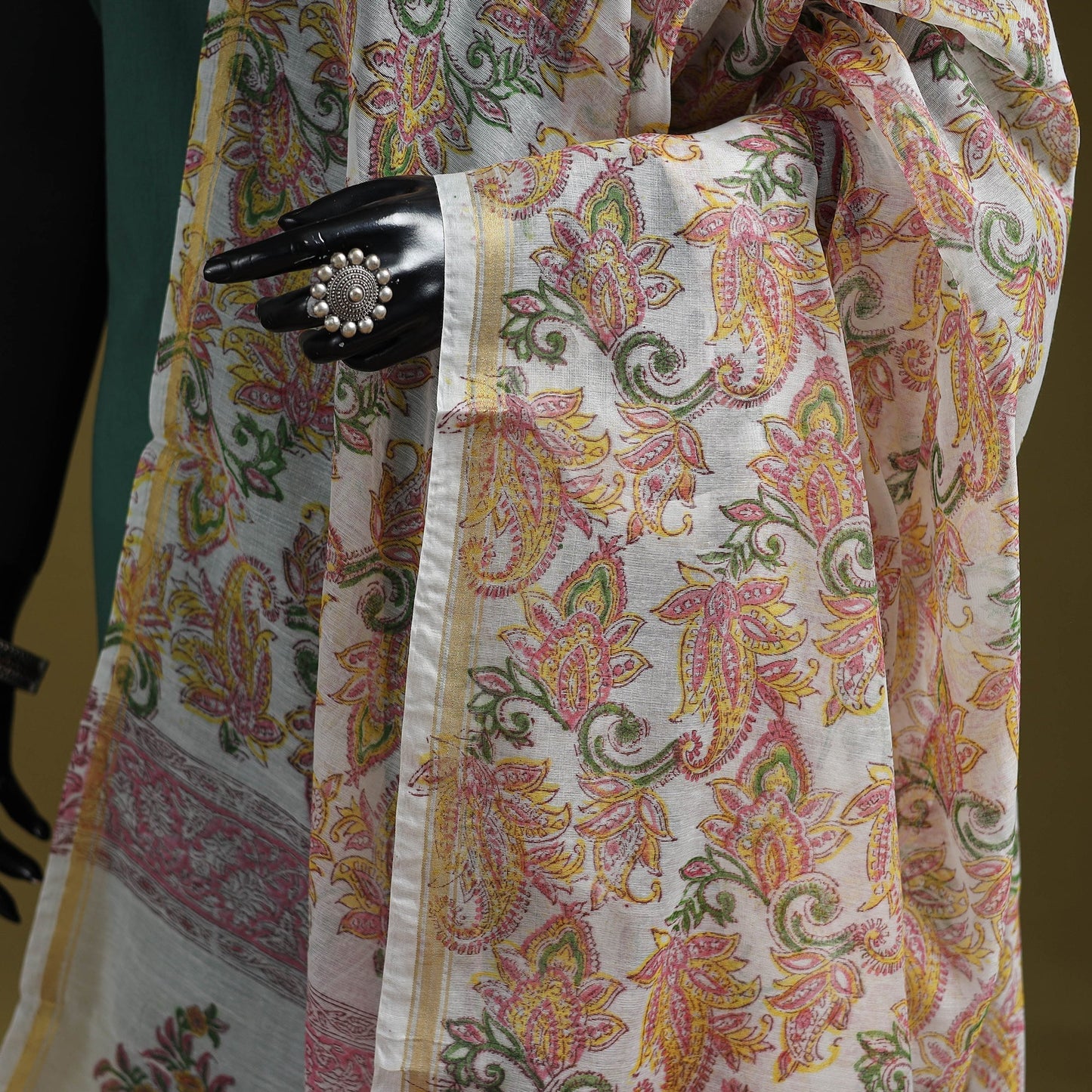 Hand chanderi silk sanganeri floral dupatta 39 - handcrafted